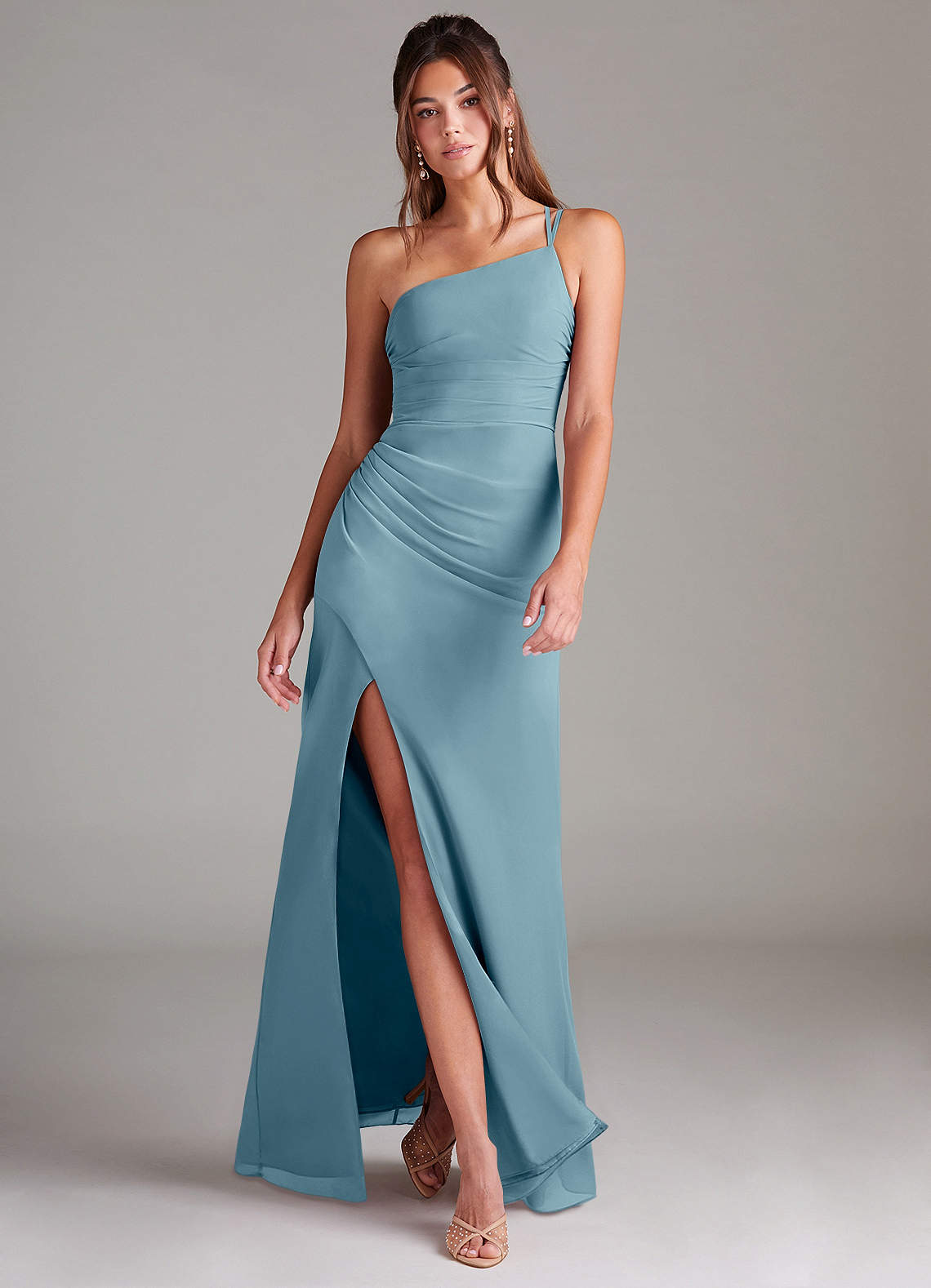 Azazie Eren Vestidos de damas de honor Vestido de Azul Malhumorado de Gasa de Corte Recto con Hombro unilateral image1