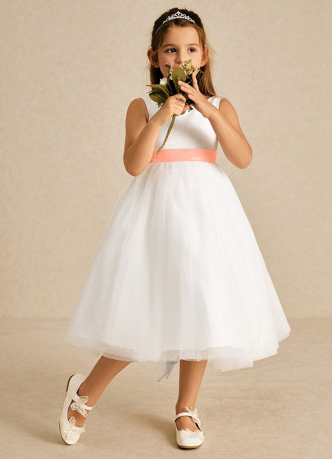 Azazie Kavi Flower Girl Dresses Ivory Sunset A-Line Bow Matte Satin Dress image2