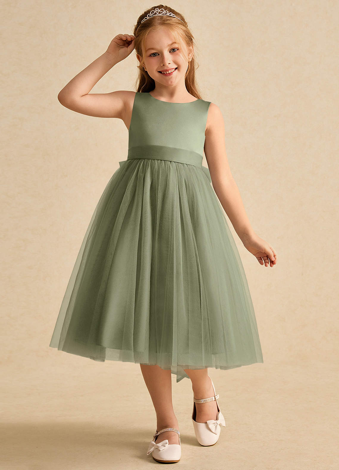 Azazie Winnie Flower Girl Dresses Pistachio Ball-Gown Bow Tulle Dress image3