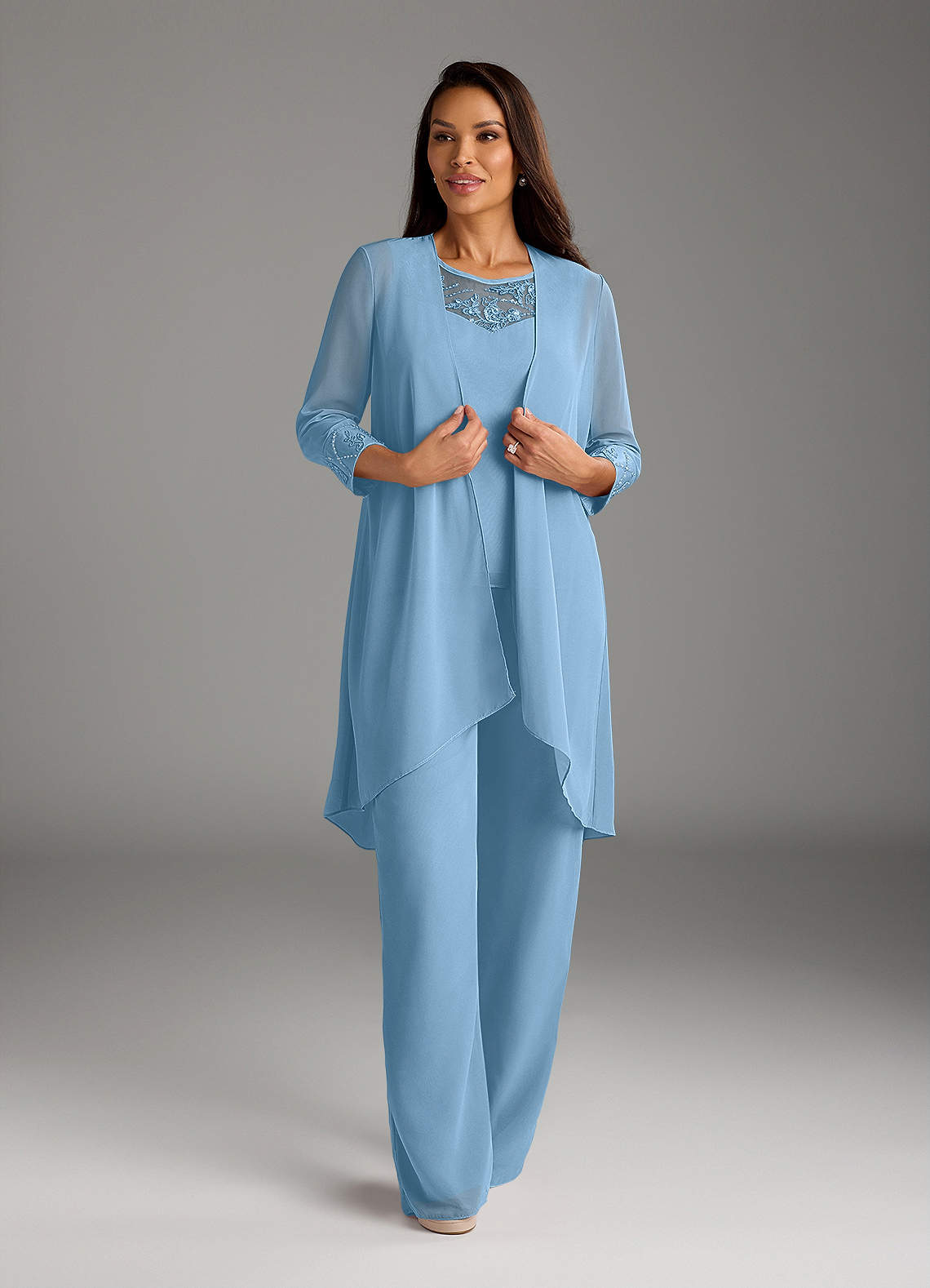 Azazie Maura Steel Blue Jumpsuit/Pantsuit Sequins Chiffon Dress