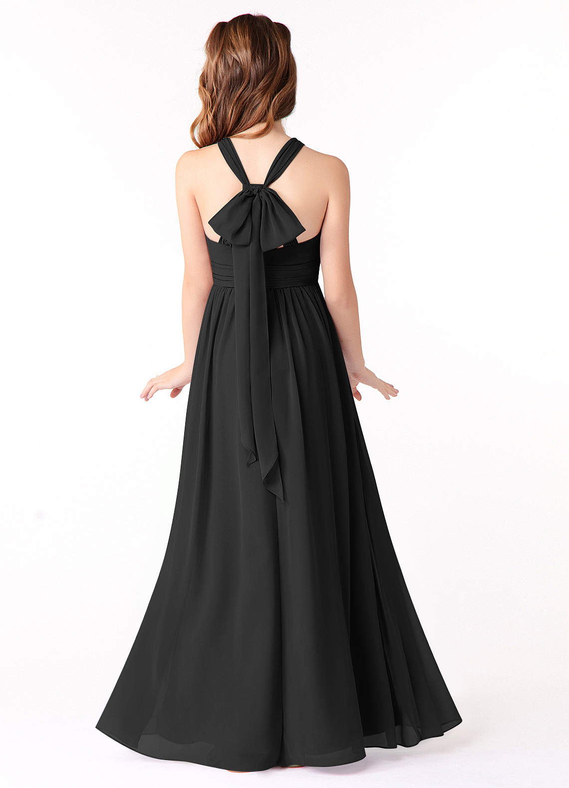 Azazie Jaylah Junior Black A-Line Ruched Chiffon Dress image1