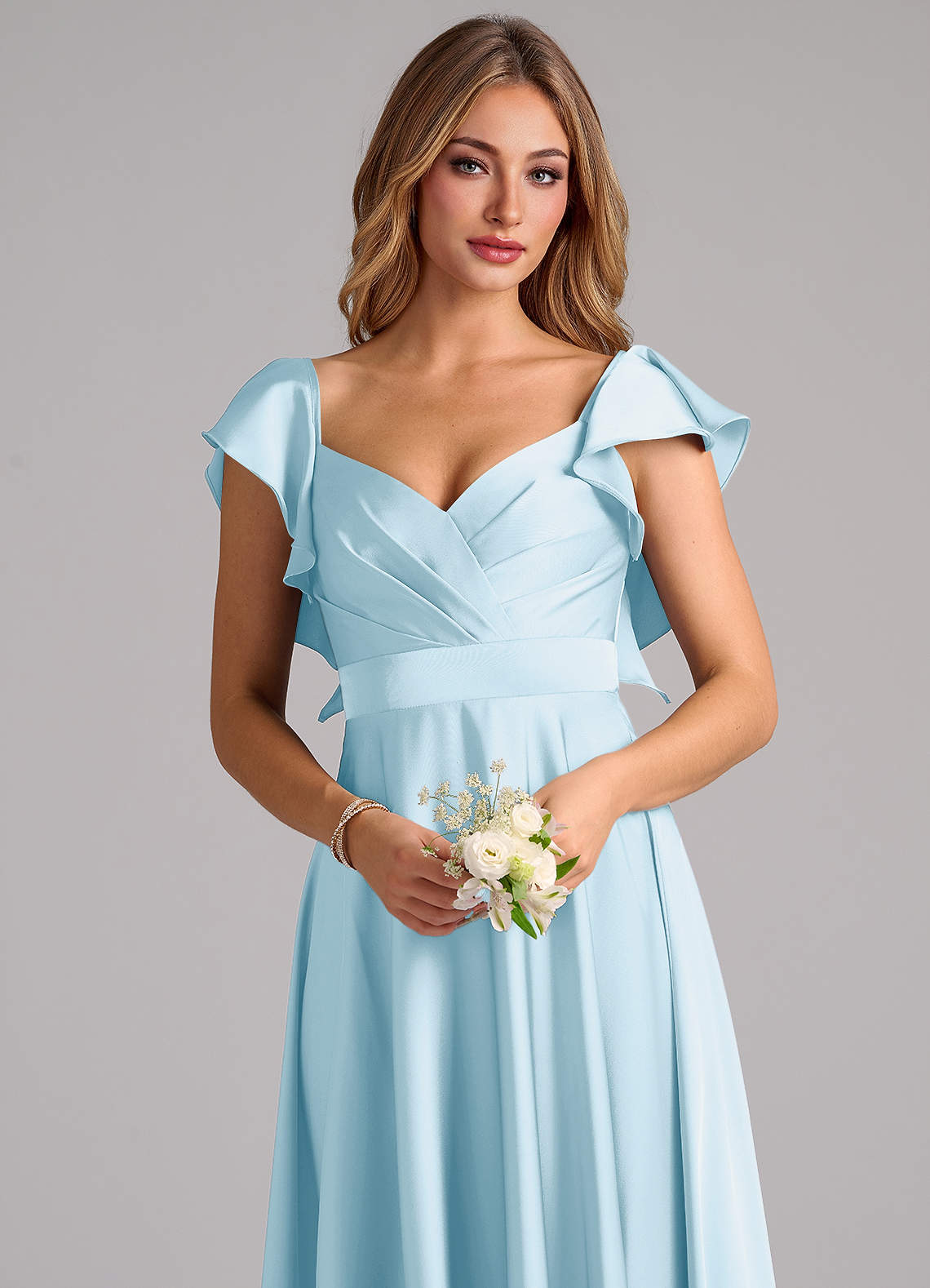 Azazie Leilani Bridesmaid Dresses Sky Blue A-Line Ruched Stretch Satin Dress image4