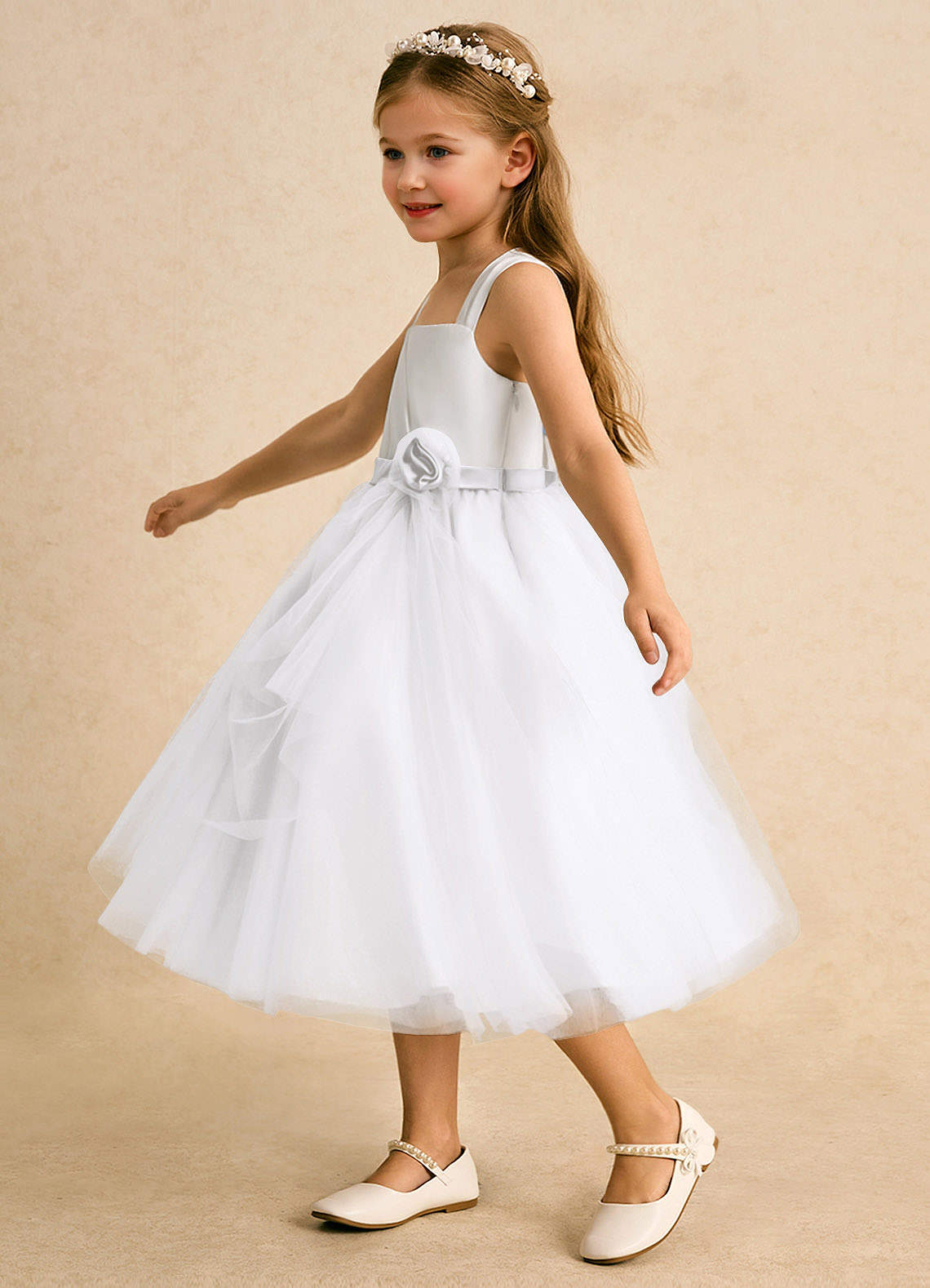 Azazie Bonny Flower Girl Dresses Ivory White Ball-Gown Pleated Tulle Dress image1