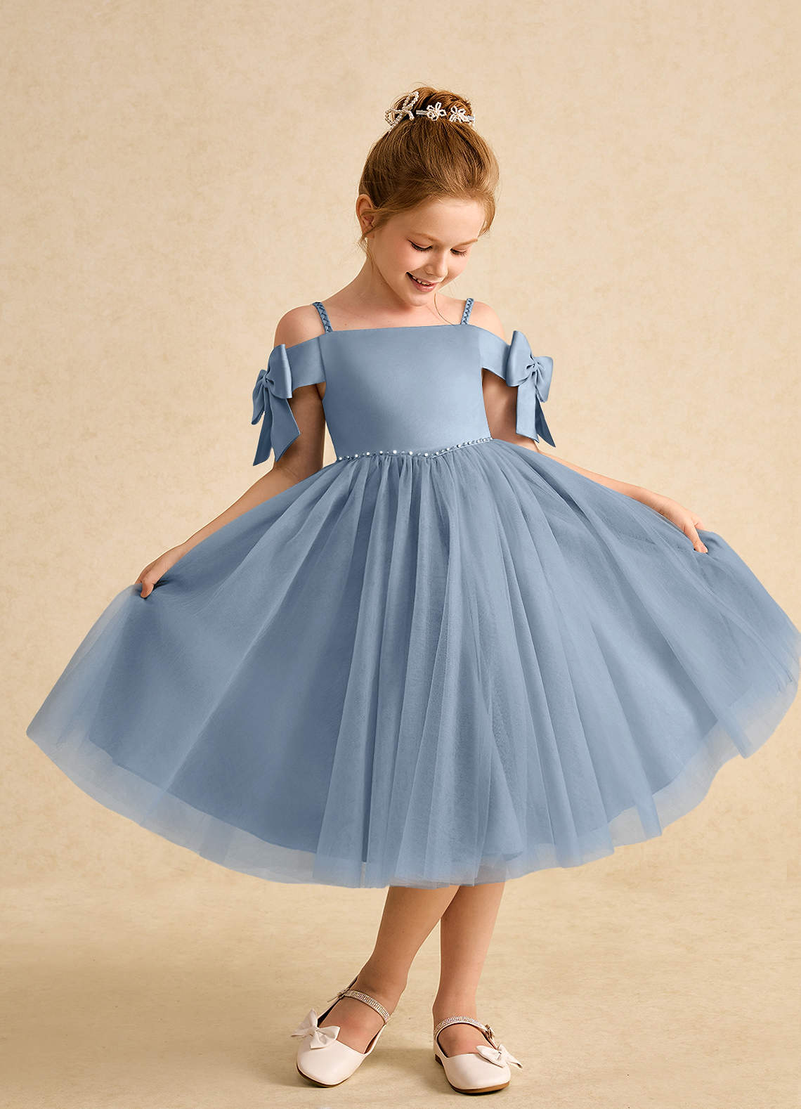 Azazie Amie Flower Girl Dresses Dusty Blue A-Line Off the Shoulder Matte Satin Dress image1
