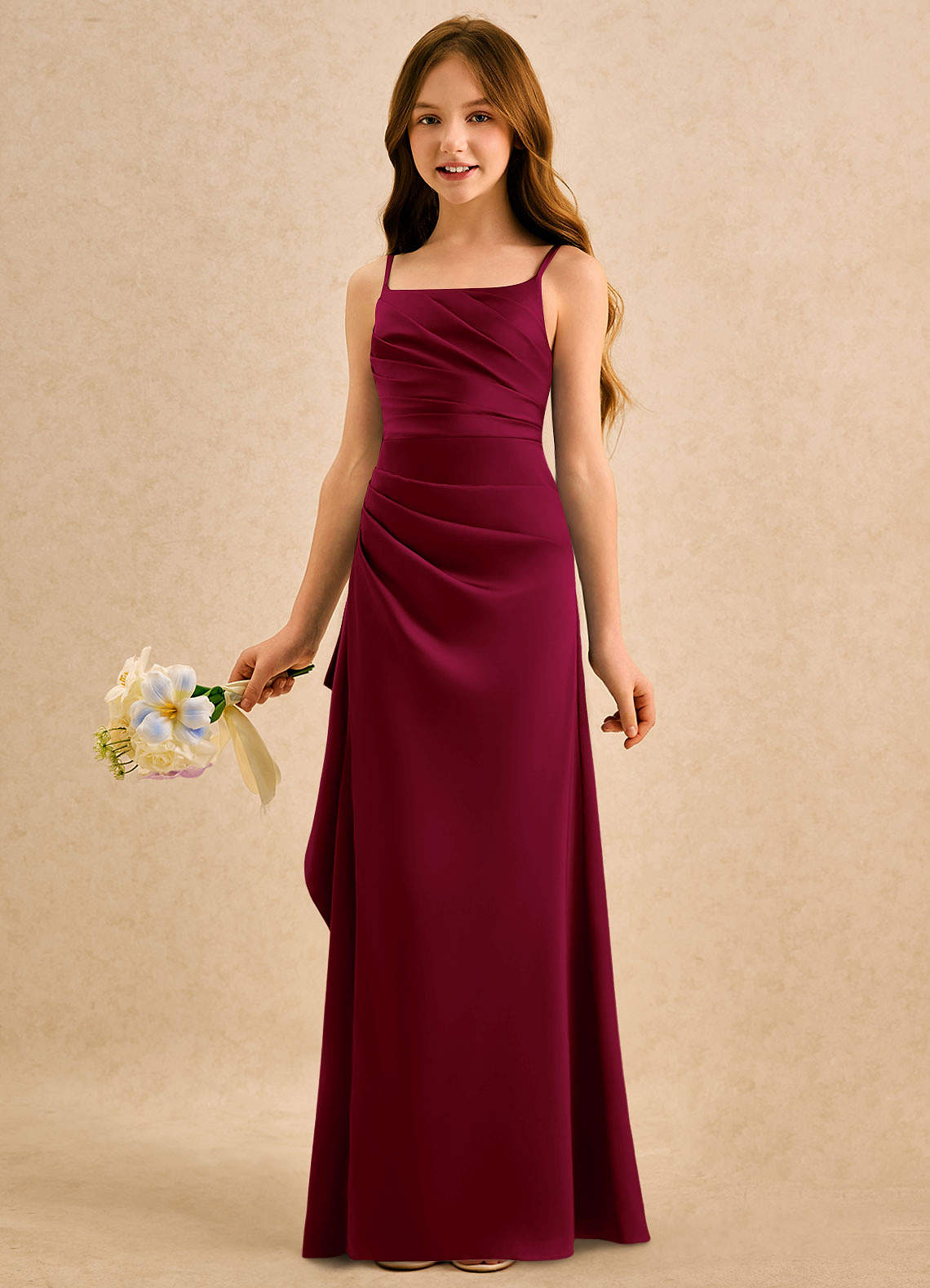 Azazie Cannoli Girls Formal Robe Demoiselle D'honneur Fillette Robe Trapèze en Satin extensible Plissée Bourgogne image3