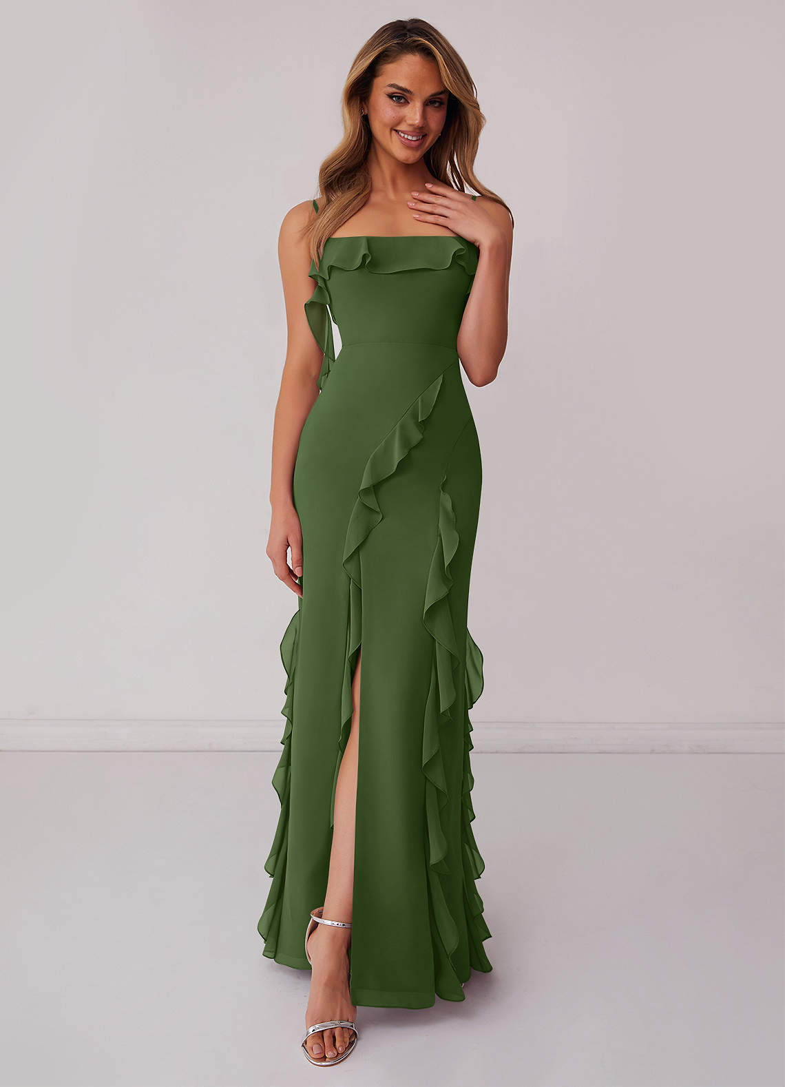 Barbie ♥ Azazie Bridesmaid Dresses Olive Sheath Bow Chiffon Dress image1