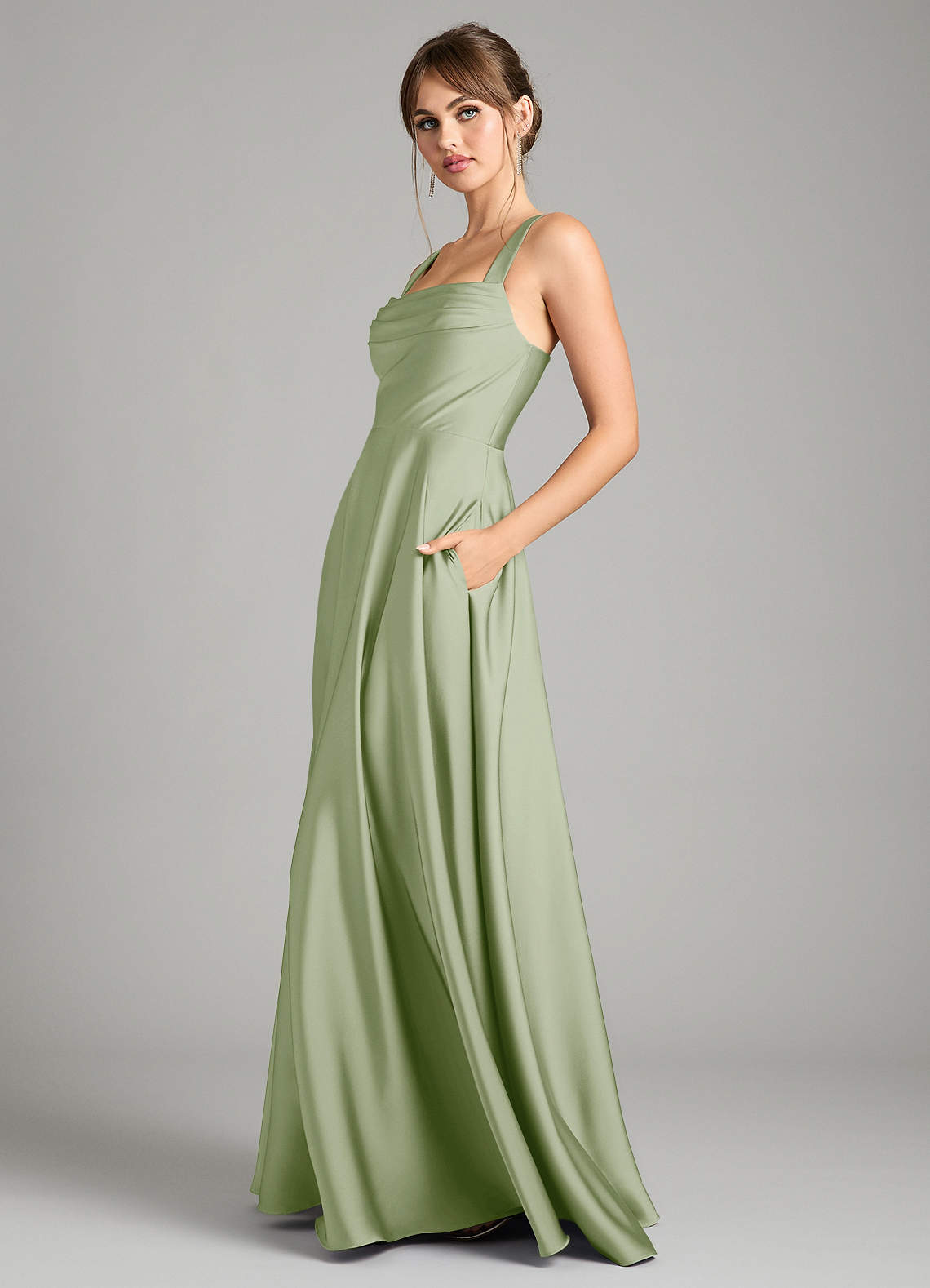 Azazie Shaude Bridesmaid Dresses Dusty Sage A-Line Pleated Stretch Satin Dress image3