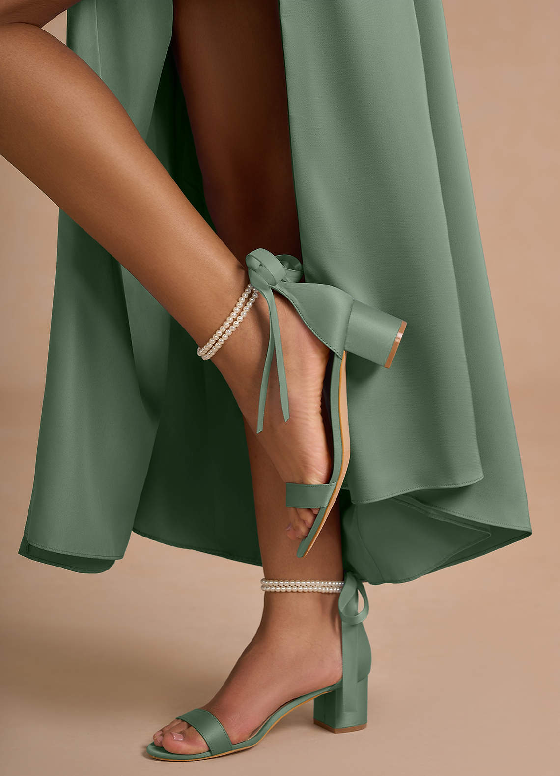 front Matching Color Matte Satin Pearl and Bow Open Toe Chunky Heel Sandals