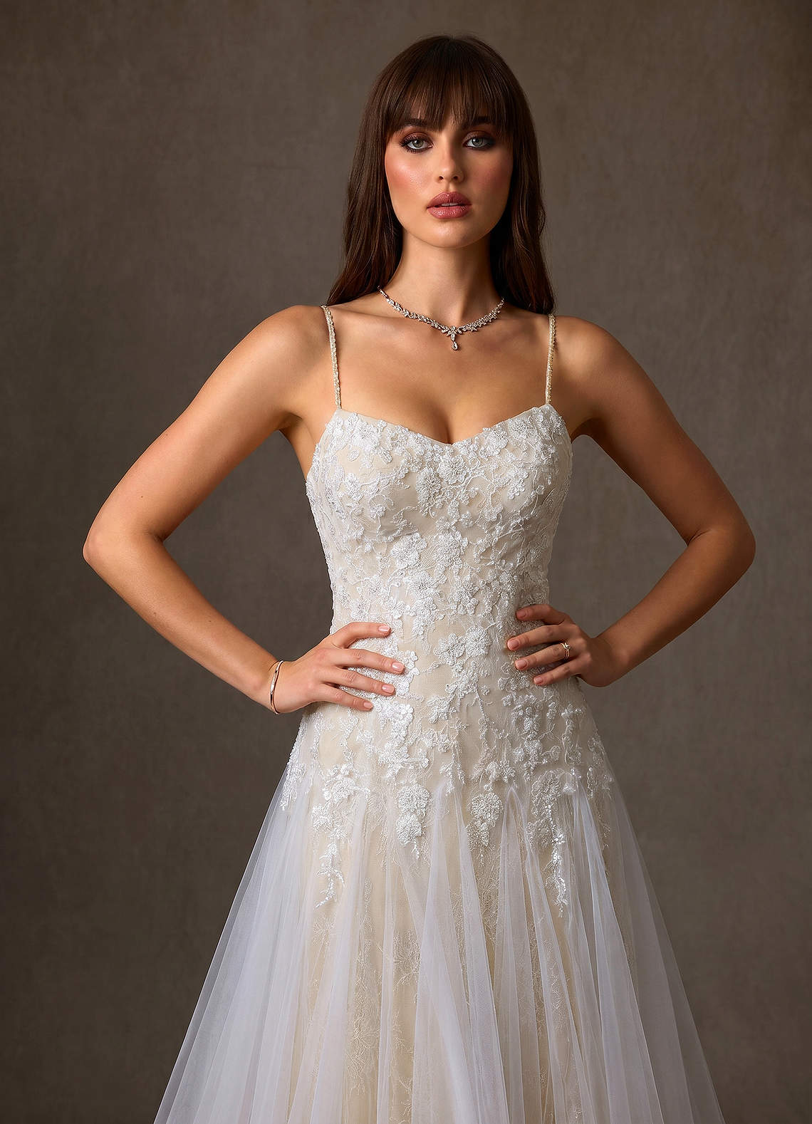 Azazie Lumina At-home Try On Dresses Diamond White Champagne A-Line Sweetheart Neckline Lace Dress image5