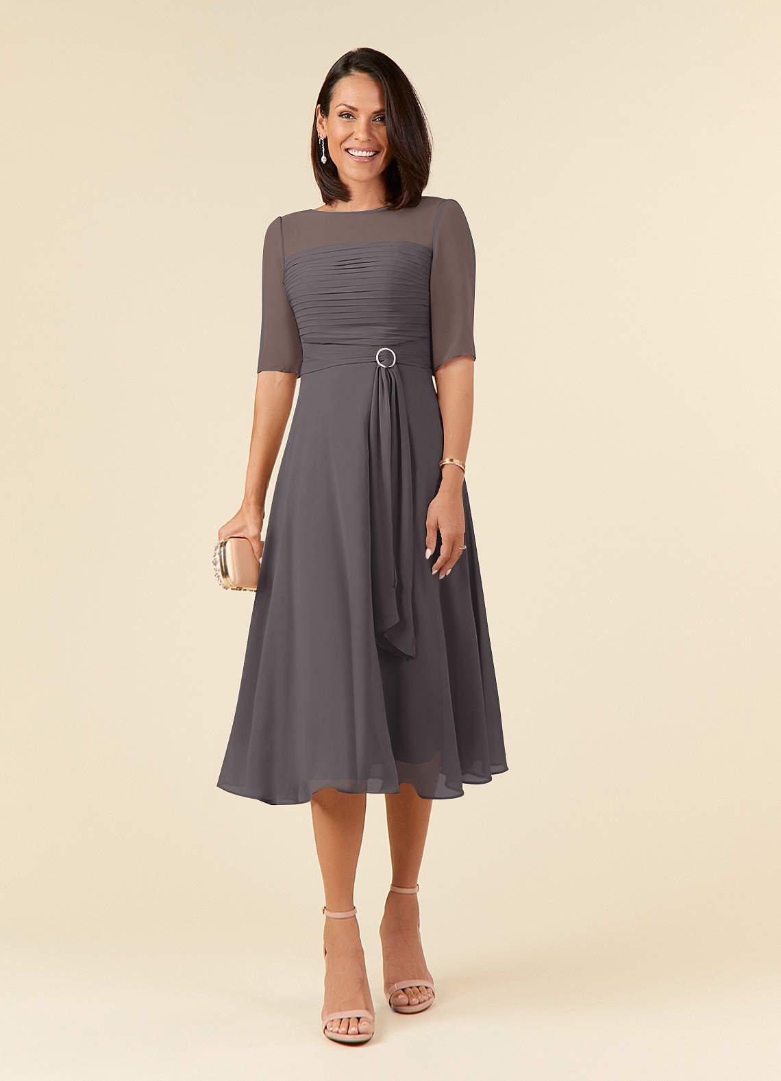 Azazie Naomi Kleider für die Brautmutter A-Linie Bootshals Gefaltet Chiffon Kleid Stahlgrau image1