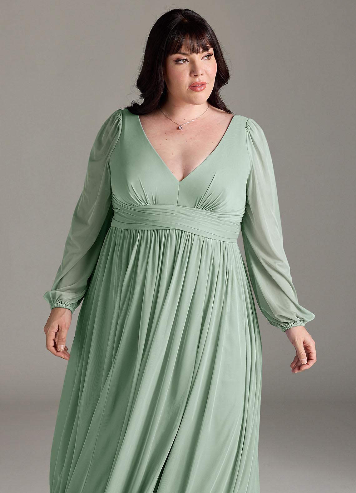Azazie Norah Abiti da Damigella Abito A-Line in Chiffon con Maniche lunghe e Scollo a V Agave image11