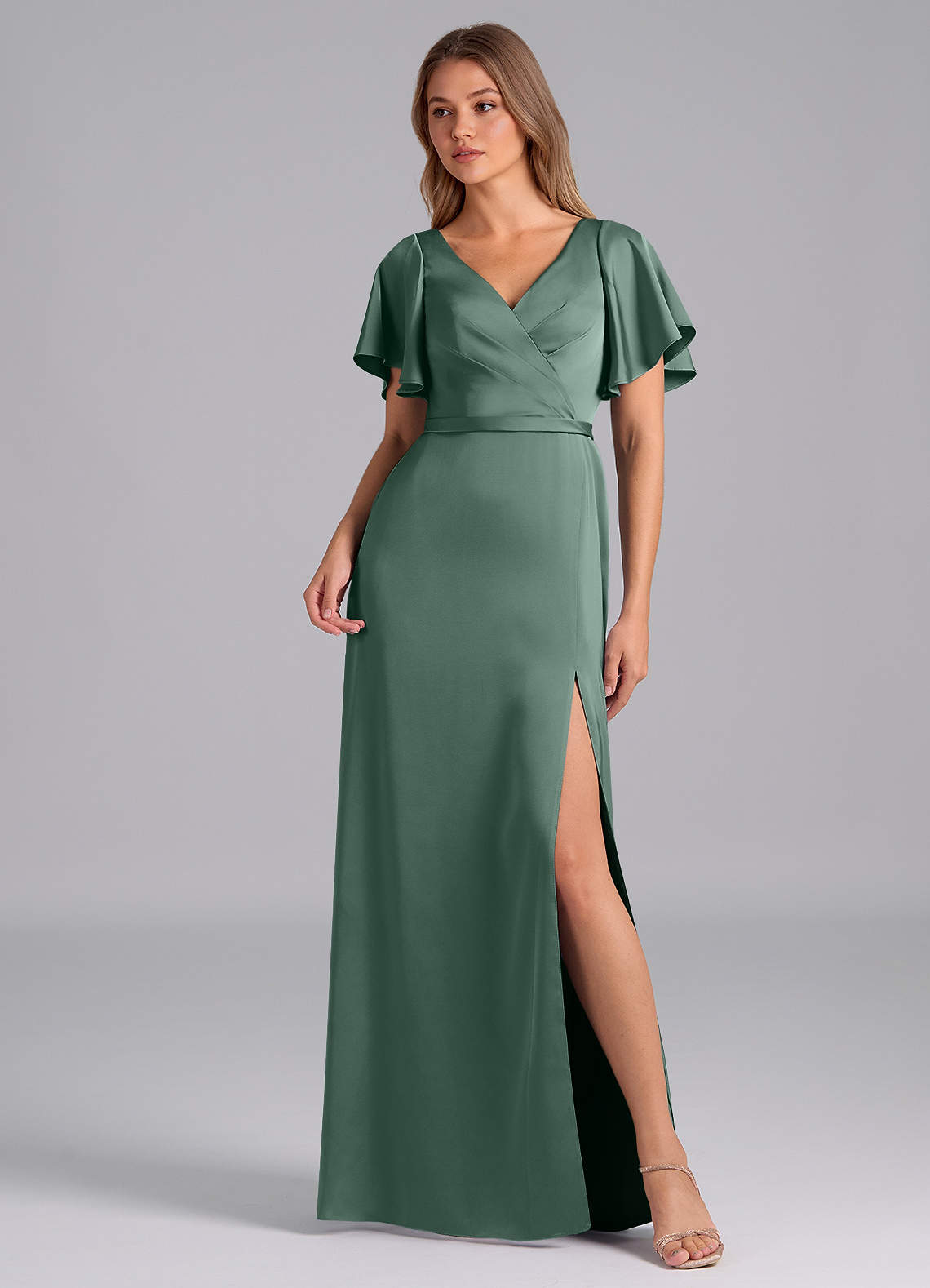 Azazie Ambrosia Bridesmaid Dresses Eucalyptus A-Line Pleated Stretch Satin Dress image1