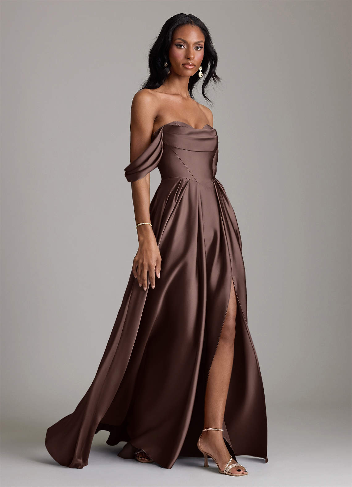 Azazie Loisa Bridesmaid Dresses Ganache A-Line Off the Shoulder Stretch Satin Dress image5