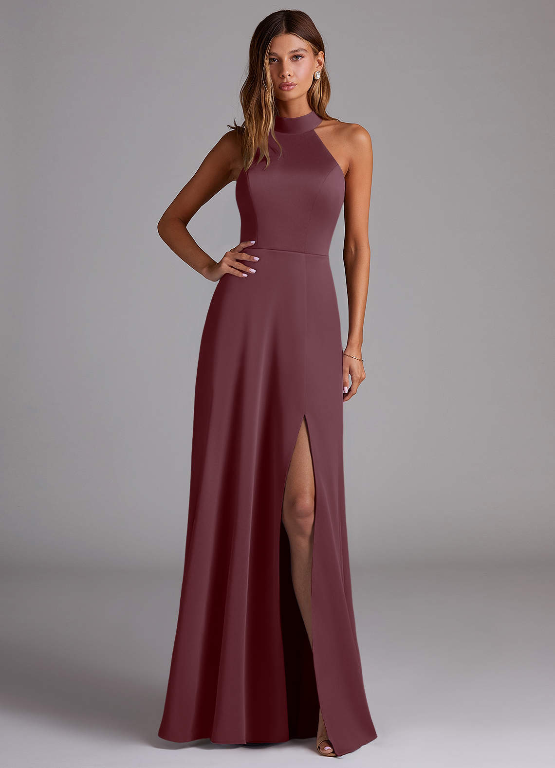 Azazie Myra Bridesmaid Dresses Sangria A-Line Side Slit Stretch Satin Dress image1