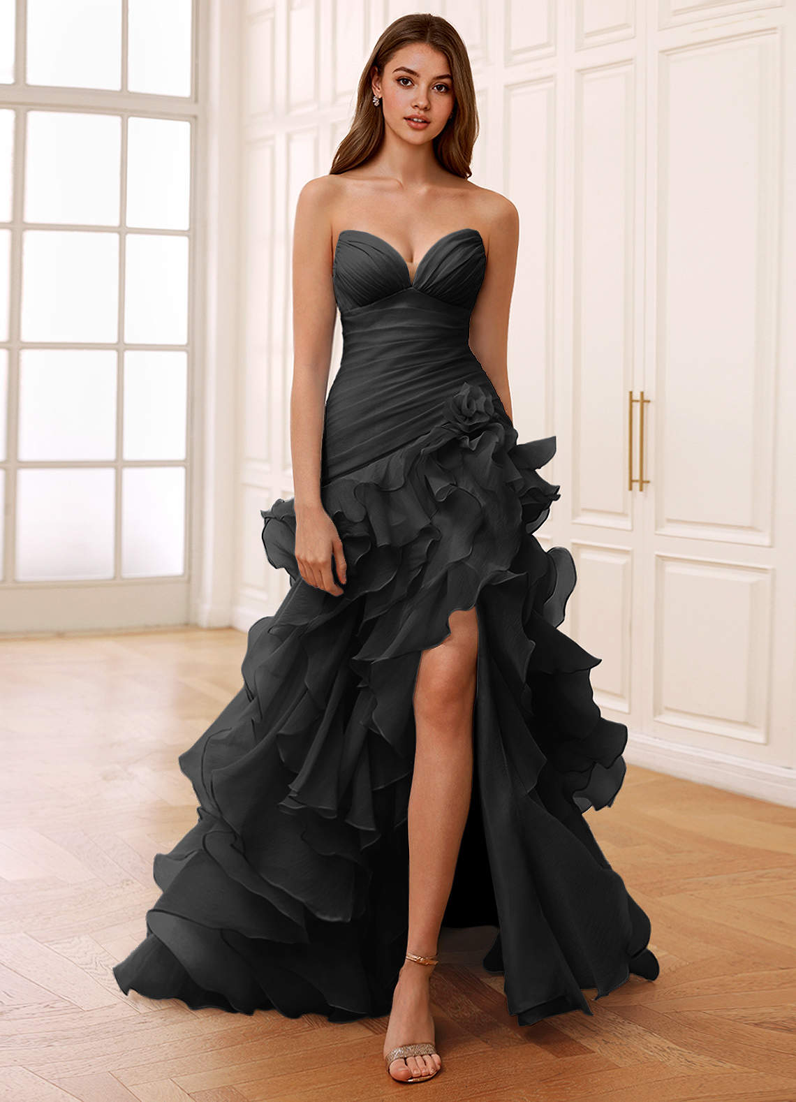 Christabelle Black Corset Rhinestone Sheer Lace Prom Dress | Azazie