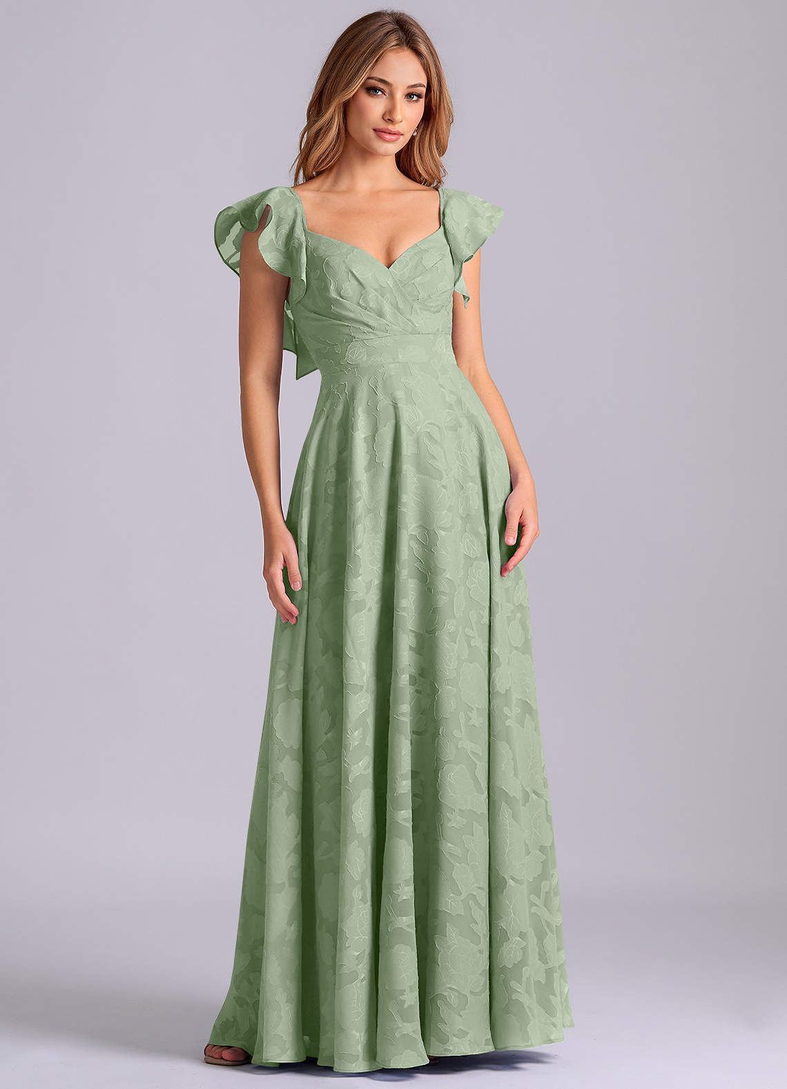 Azazie Leilani Dusty Sage Floral Burnout Bridesmaid Dresses | Azazie