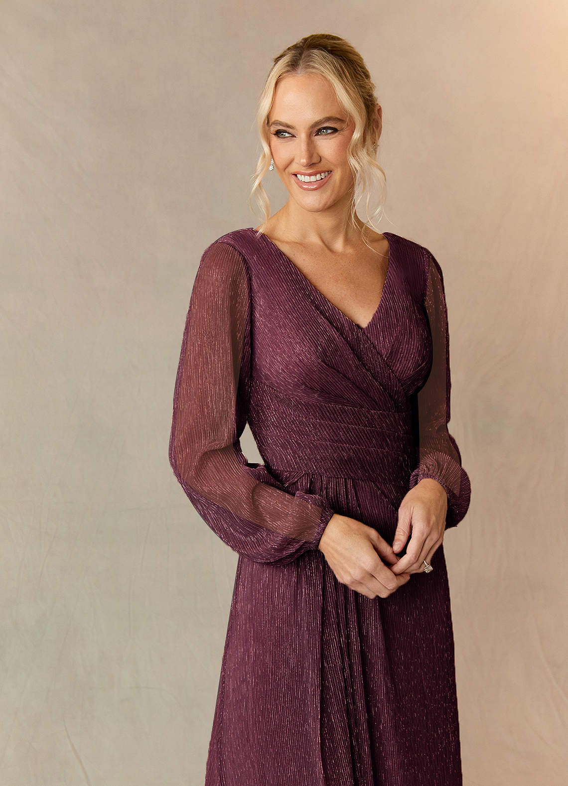 Upstudio Winslow Mother of the Bride Dresses Mulberry A-Line V-Neck Pleated Metallic Mesh Dress image3