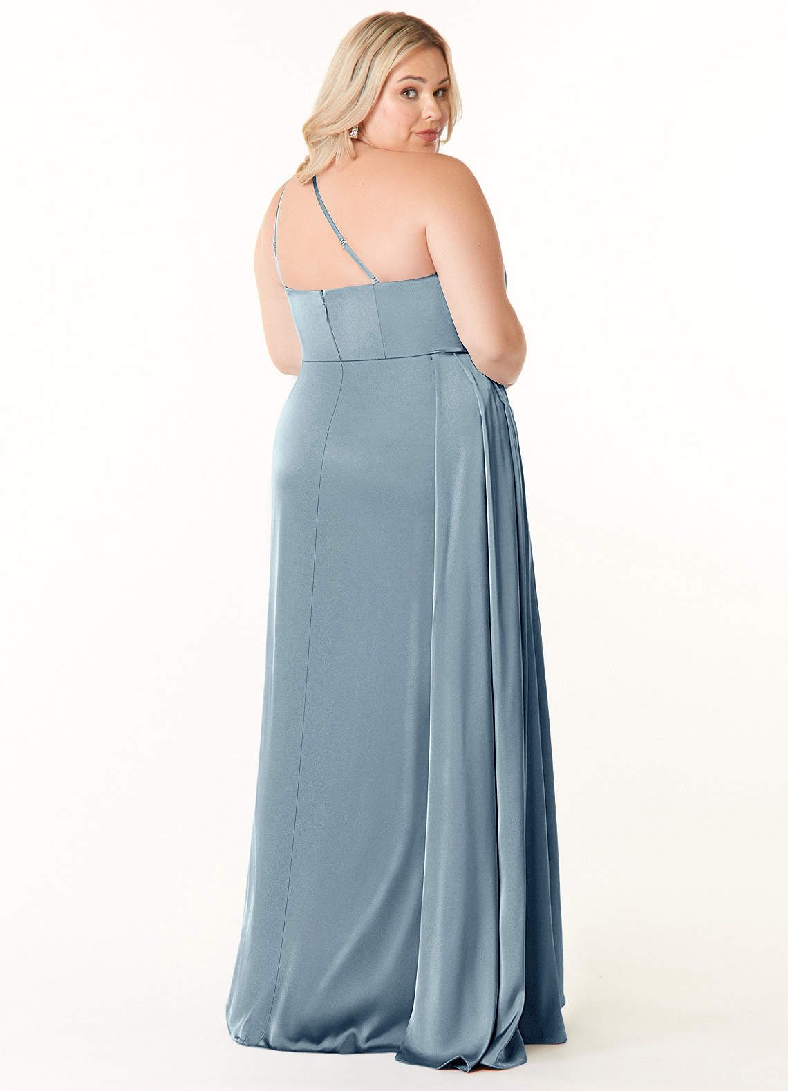 Azazie Maron Bridesmaid Dresses A-Line One Shoulder Stretch Satin Floor-Length Dress image1