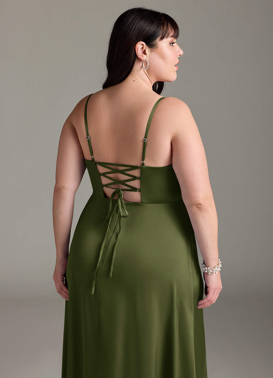 Azazie Marchella Robes de demoiselle d'honneur Robe Trapèze en Satin extensible Corset Olive image11