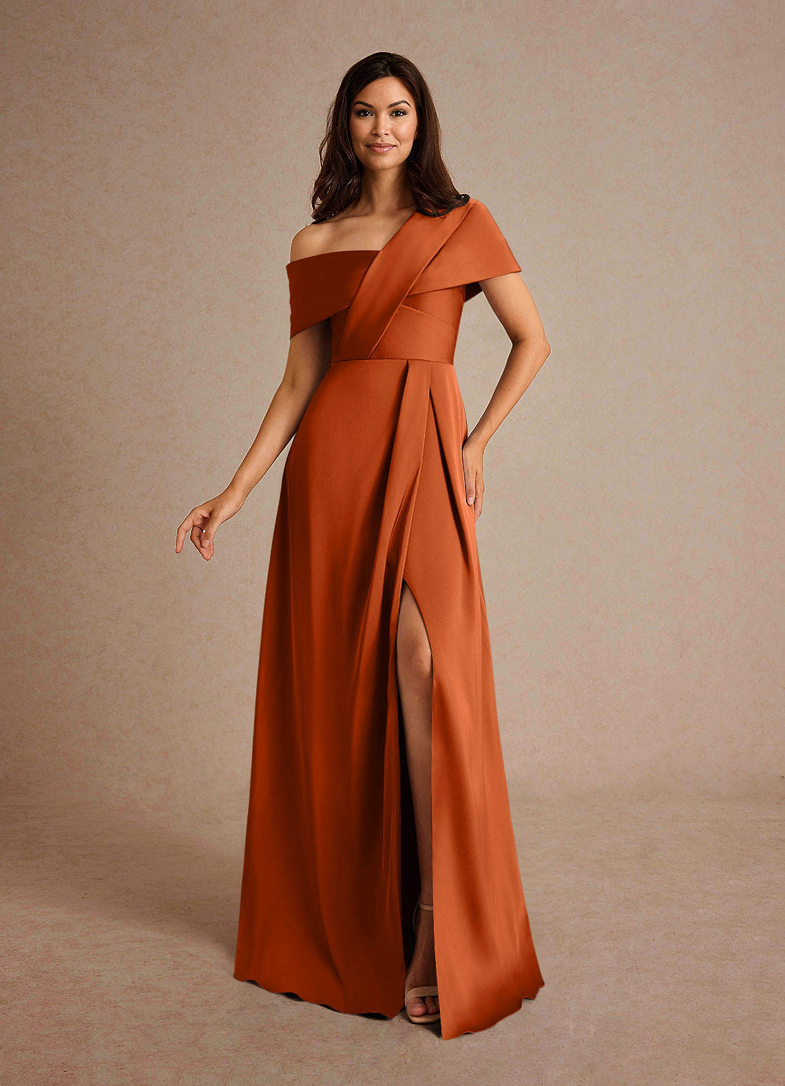 Azazie Milton Vestidos para mãe da noiva Vestido Laranja Queimada de Cetim elástico de Linha A com Plissado image1