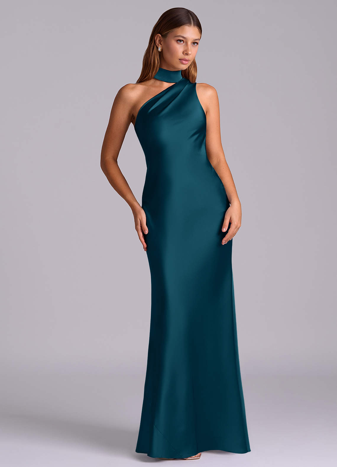 ink blue satin dress Ink blue Satin Halter Bridesmaid Dress Mermaid Floor-Length