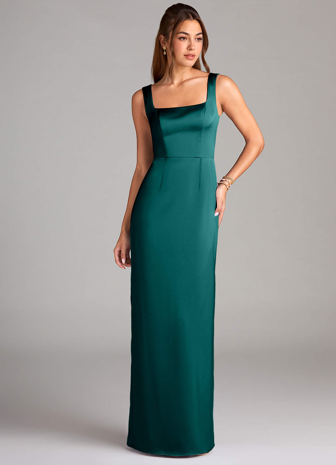 sheath column bridesmaid dress Lavetir Sheath/Column V-Neck Floor-Length Ruched Bridesmaid Dresses with Ruffles & Split Side 2026 main image 0