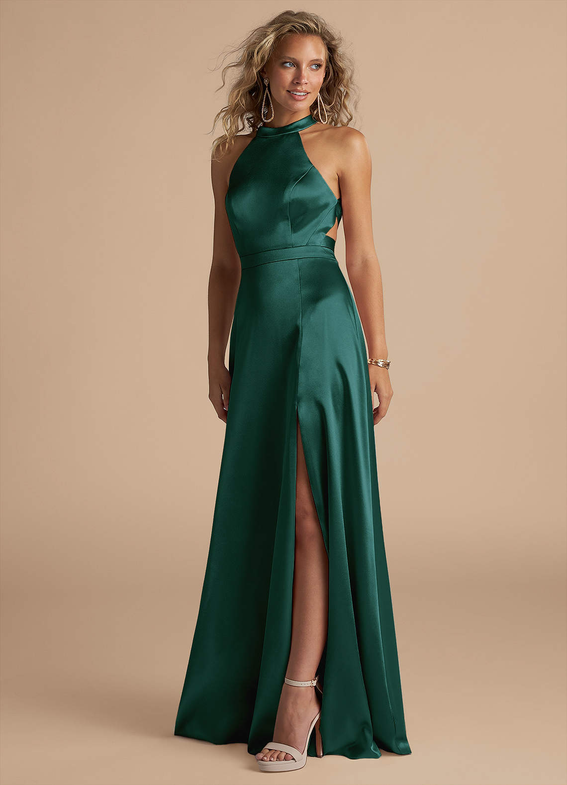 Azazie Clarice Bridesmaid Dresses Pine A-Line High Neck Metallic Satin Dress image1