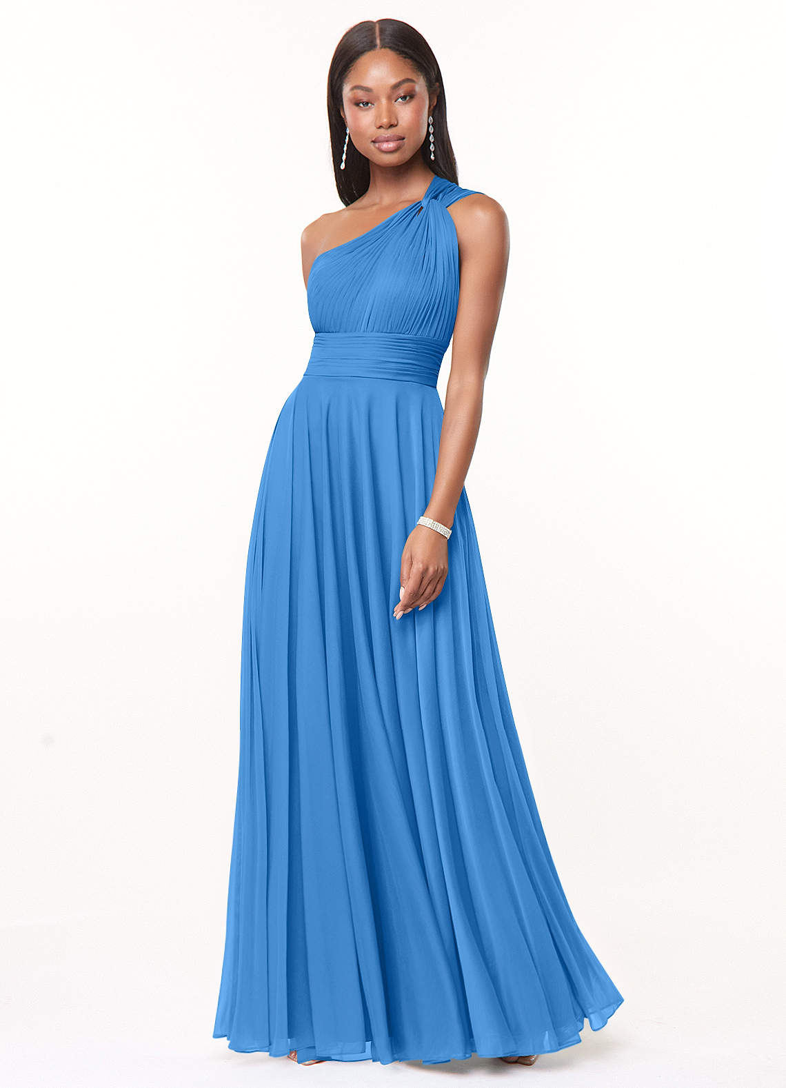 Azazie Charlize Vestidos de madrinha de casamento Vestir Gaio Azul de Malha de Linha A com Um ombro image1