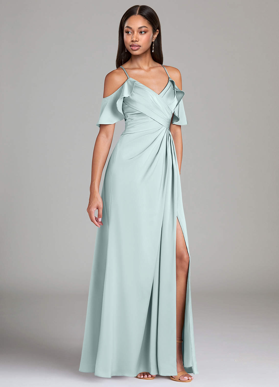 Azazie Dakota Bridesmaid Dresses Mist A-Line Off the Shoulder Stretch Satin Dress image1