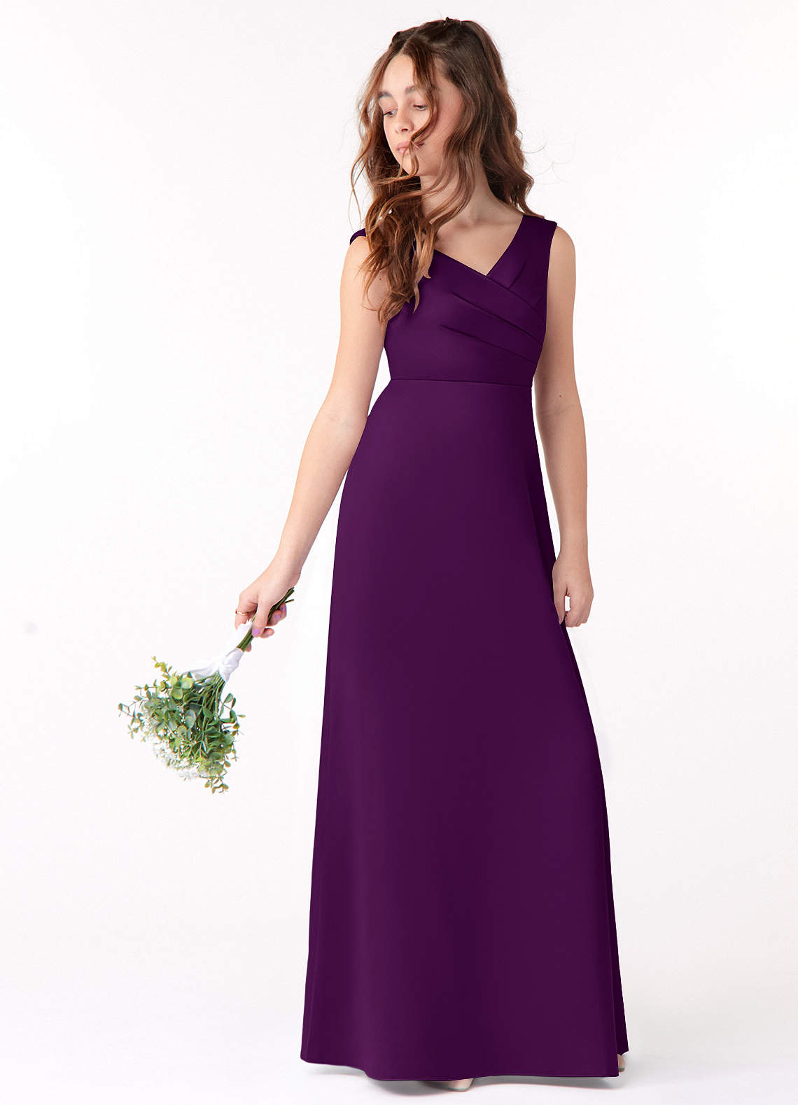 Azazie Sadia Junior Grape A-Line Pleated Matte Satin Dress image1