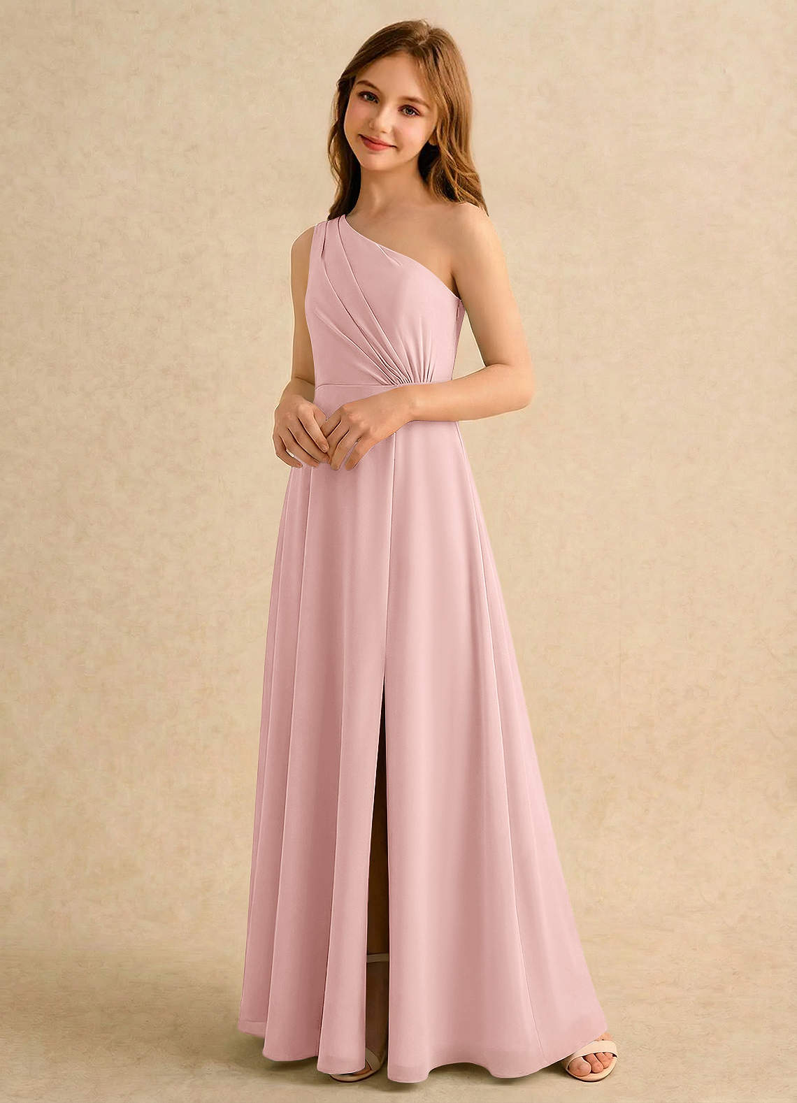 Azazie Puddles Girls Formal Robe Demoiselle D'honneur Fillette Robe Trapèze en Mousseline de soie Une épaule Rose Poudré image3