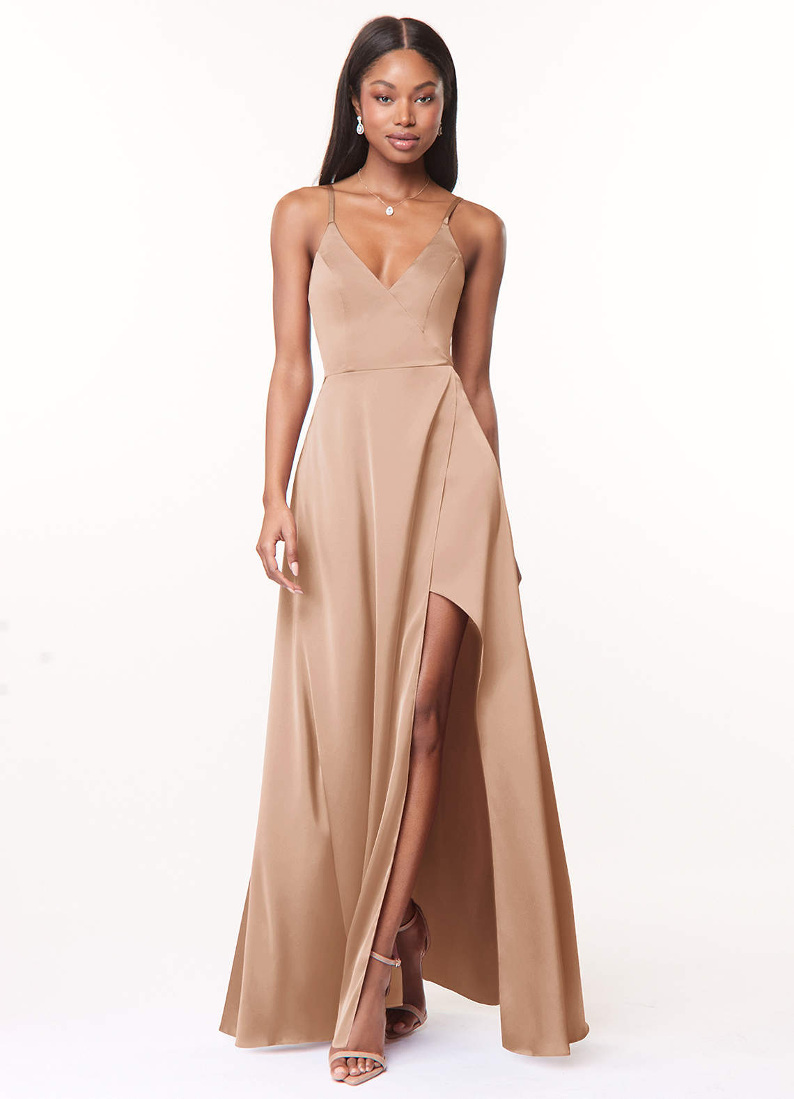 Azazie Maksim Bridesmaid Dresses English Rose A-Line V-Neck Stretch Satin Dress image1