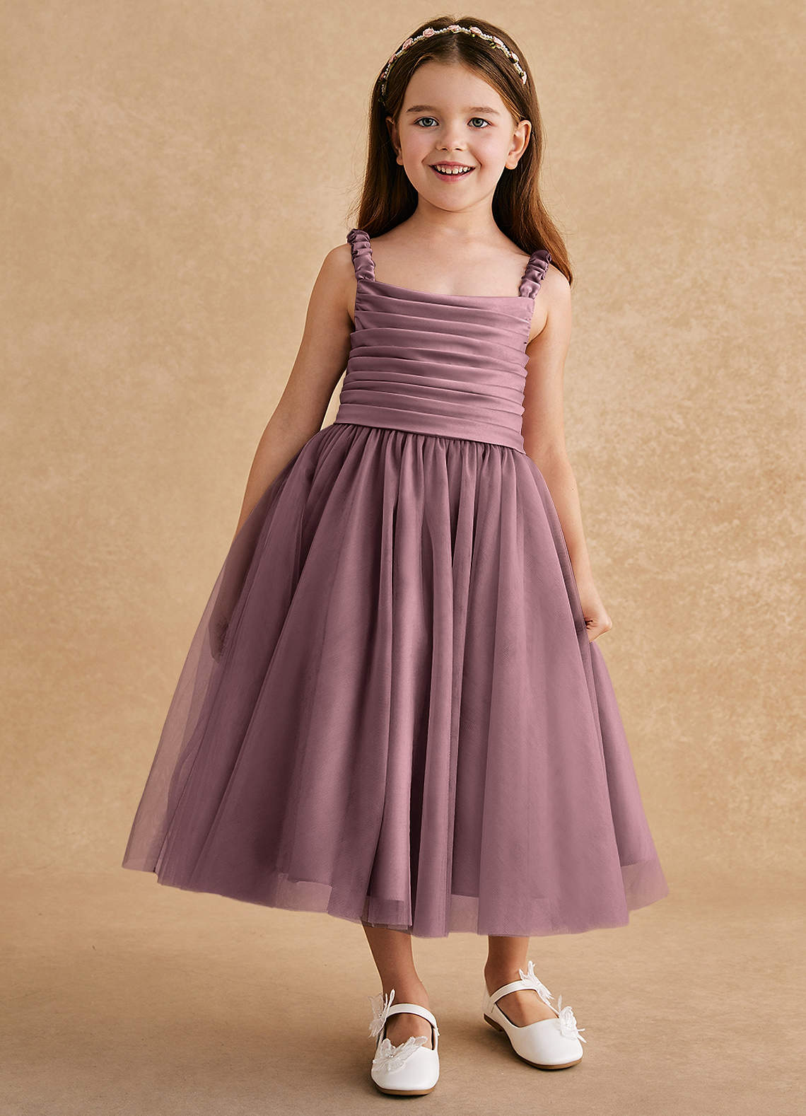 Azazie Gabbie Flower Girl Dresses Vintage Mauve A-Line Pleated Matte Satin Dress image1