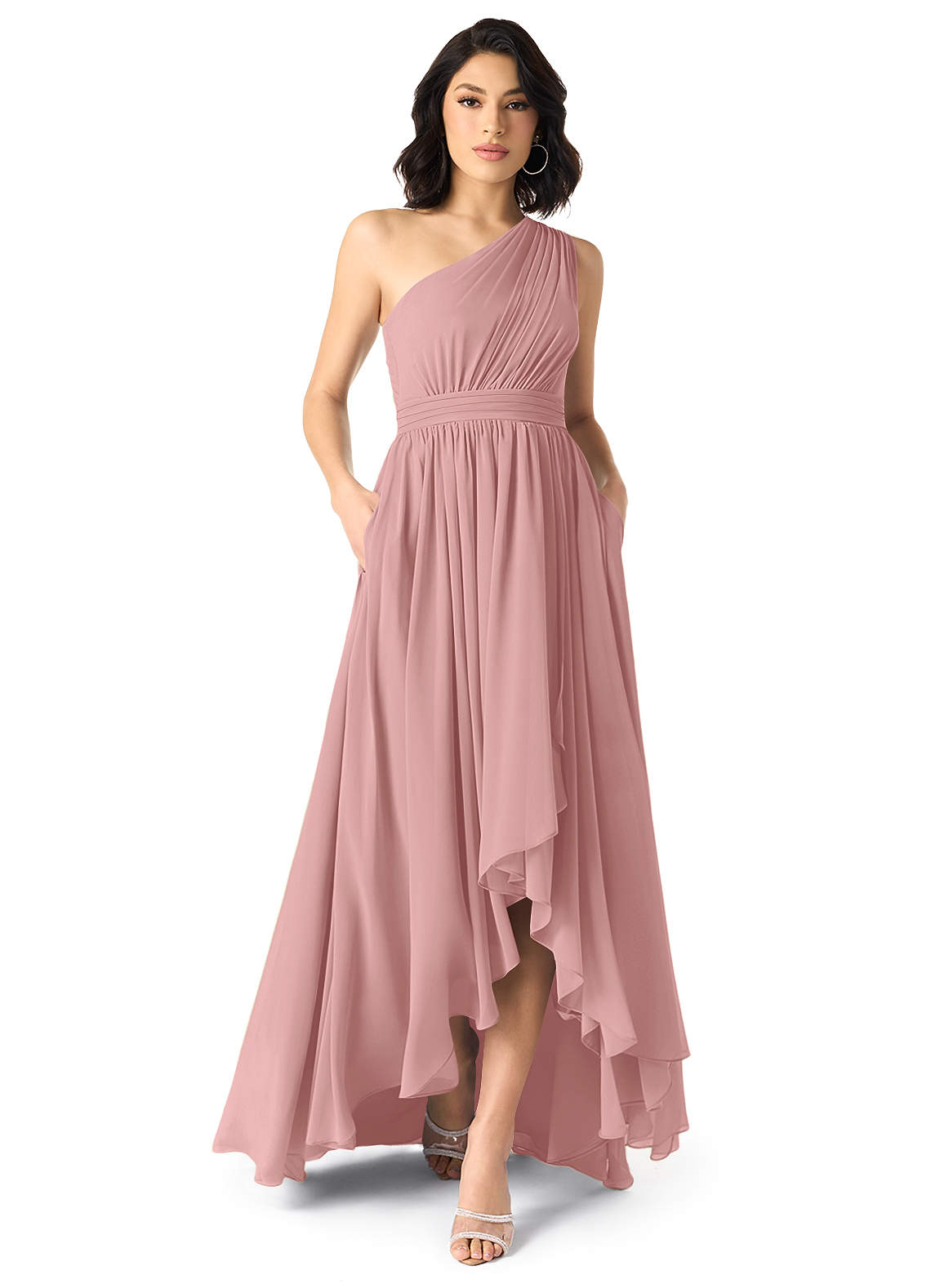Azazie Mathilda Bridesmaid Dresses Dusty Rose A-Line One Shoulder Chiffon Dress image1