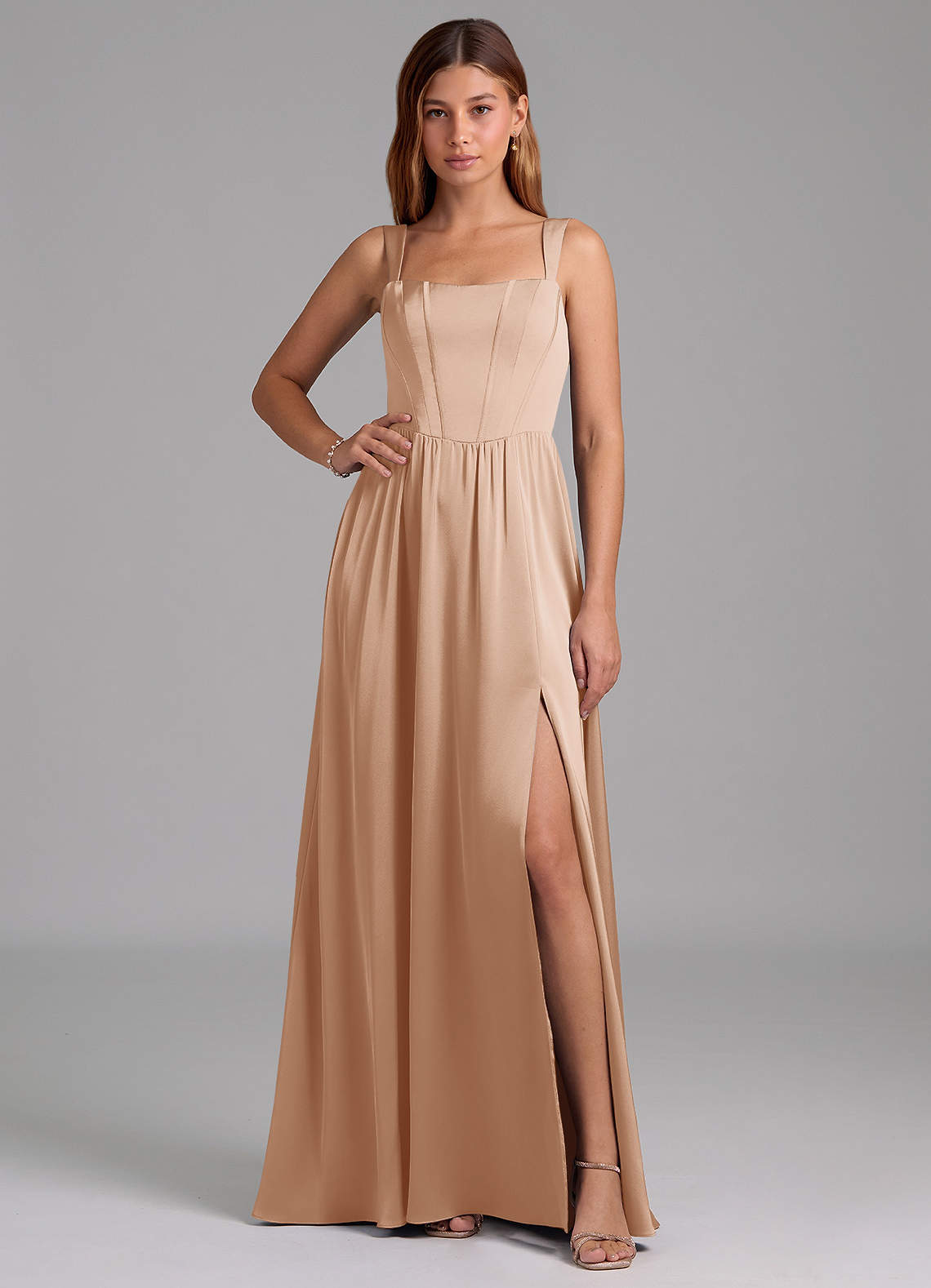 Azazie Rosaline Bridesmaid Dresses English Rose A-Line Side Slit Stretch Satin Dress image1