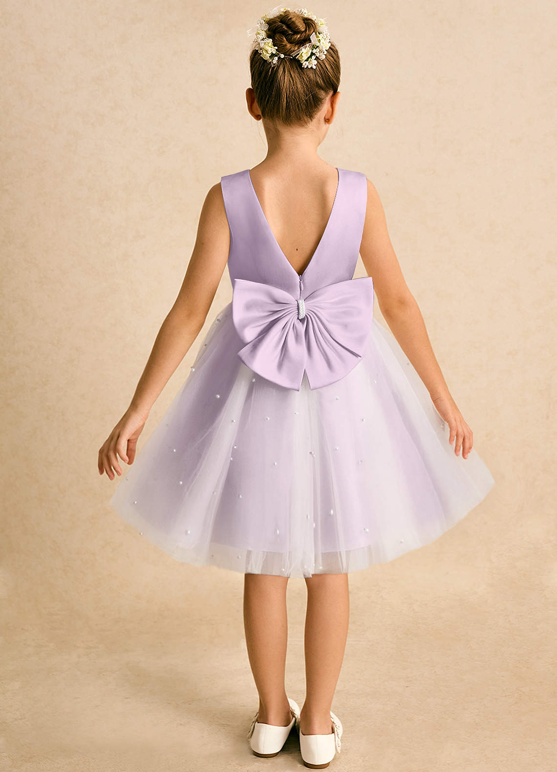 Azazie Esme Flower Girl Dresses Ivory Frosted Lilac Ball-Gown Bow Tulle Dress image1