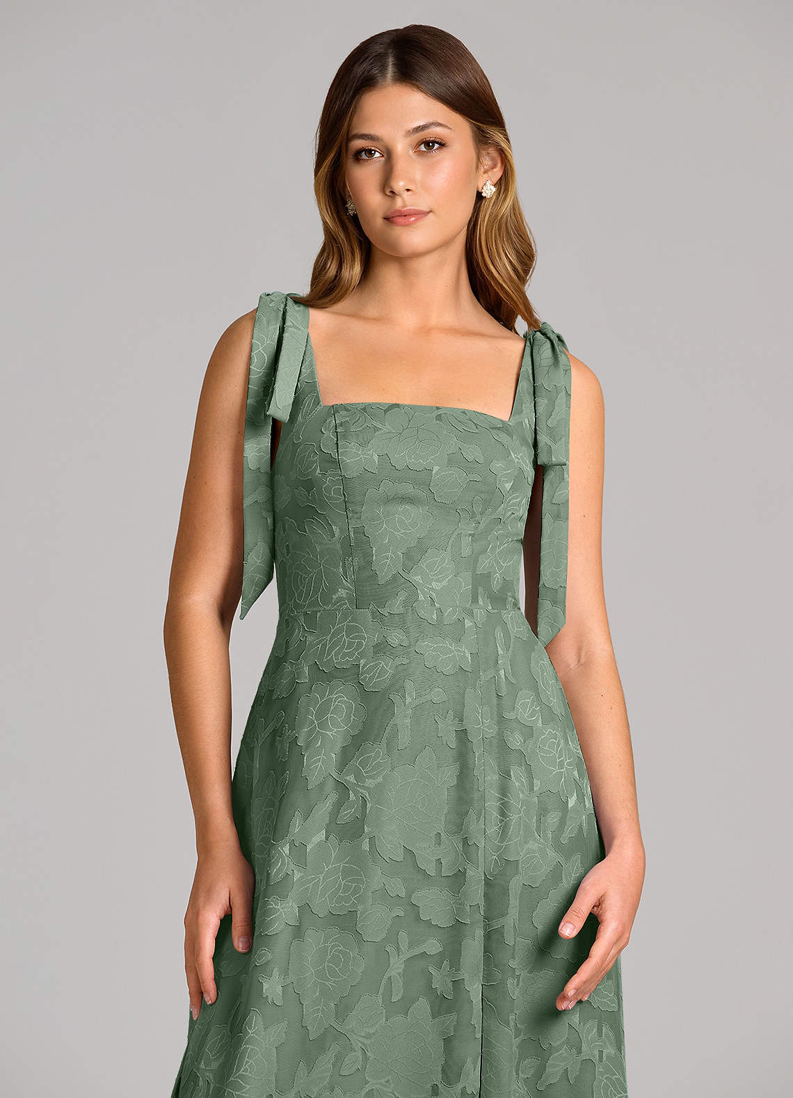 Azazie Debra Bridesmaid Dresses Matcha A-Line with Pockets Floral Burnout Dress image1