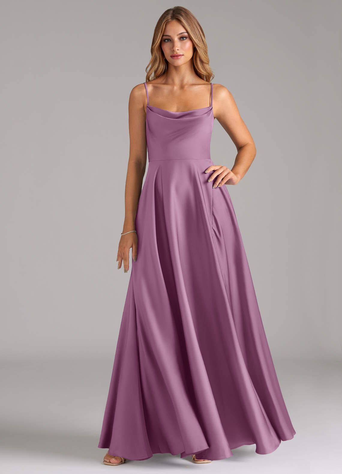 Azazie Elle Bridesmaid Dresses Wisteria A-Line Pleated Stretch Satin Dress image1