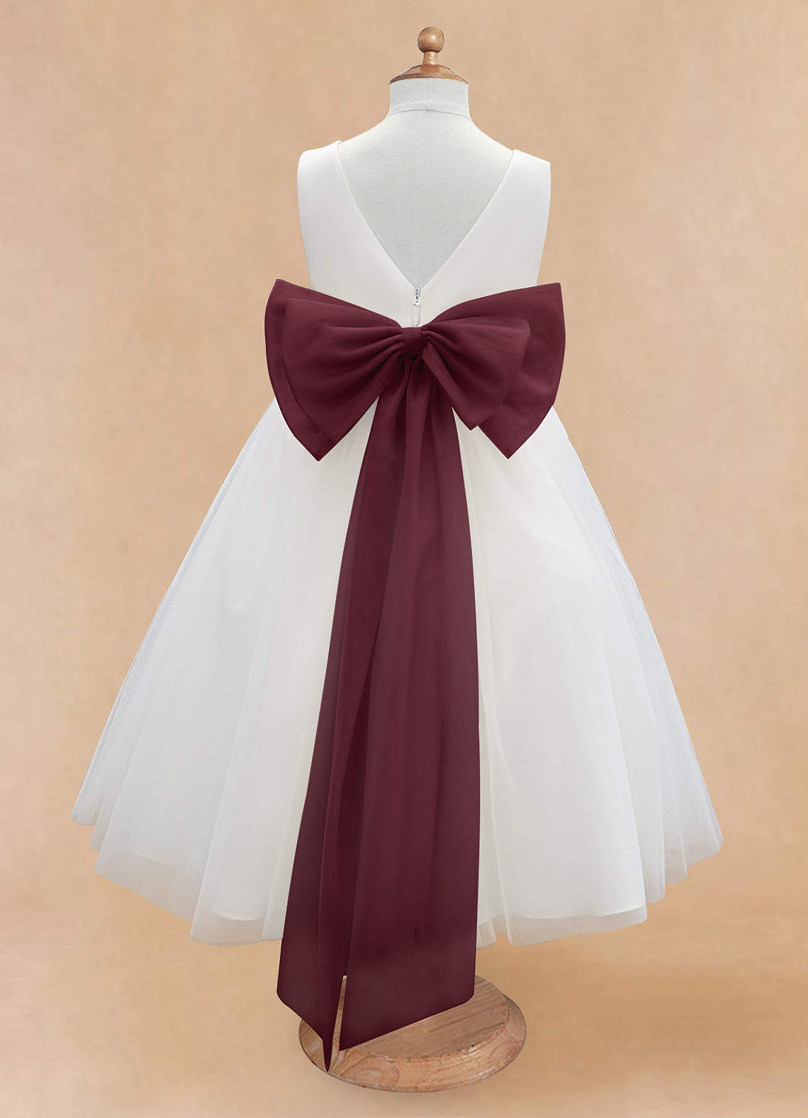 Azazie Kavi Flower Girl Dresses Ivory Cabernet A-Line Bow Matte Satin Dress image7