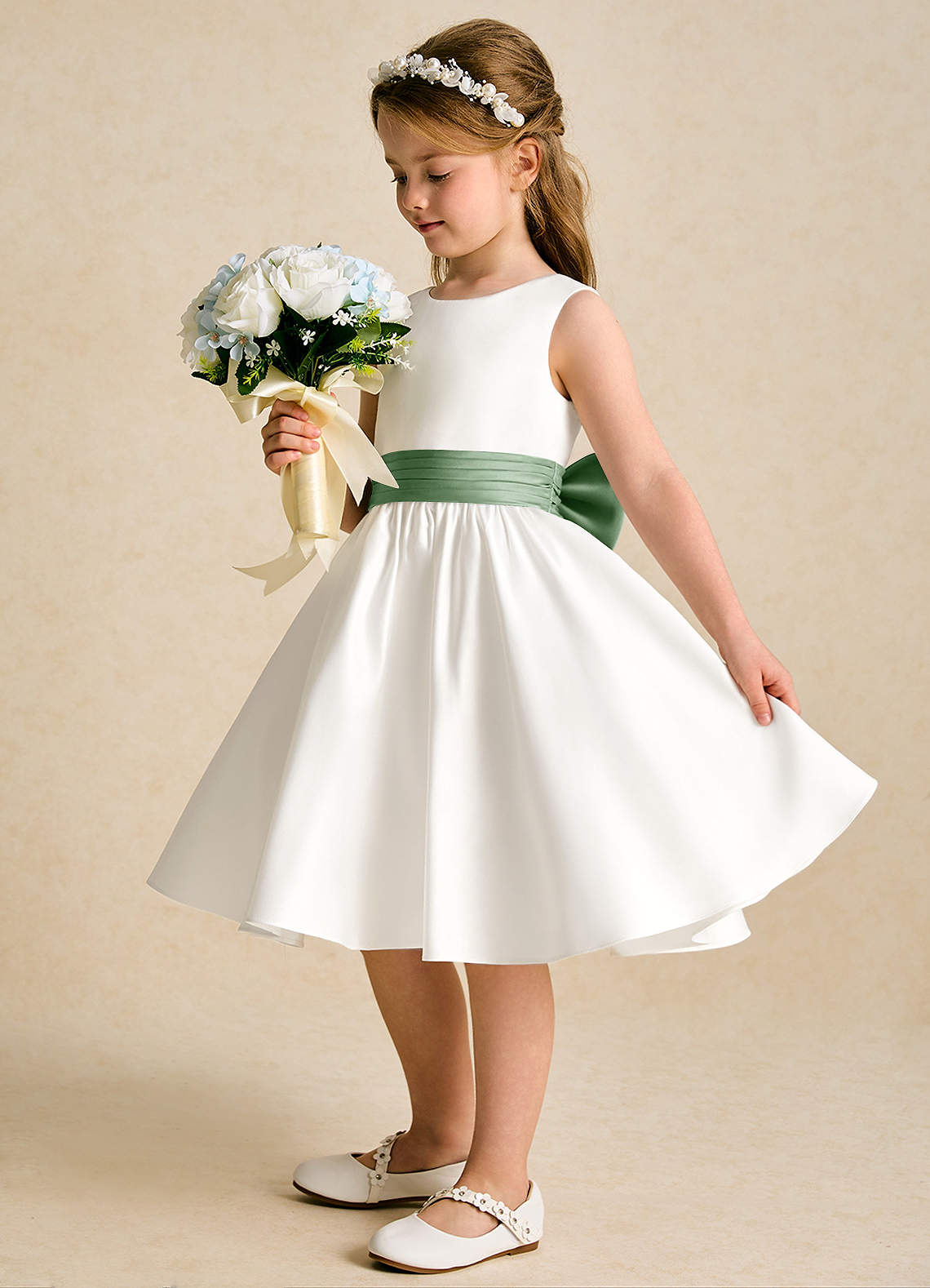 Azazie Sosie Flower Girl Dresses Ivory Matcha A-Line Pleated Matte Satin Dress image2