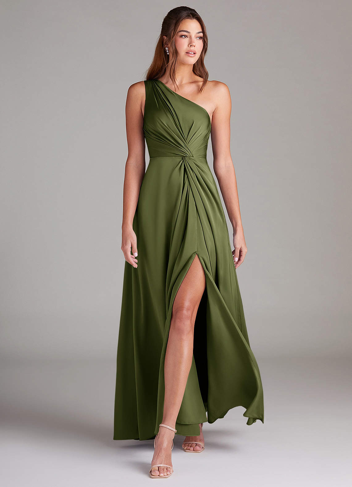 Azazie Brooke Bridesmaid Dresses Olive A-Line One Shoulder Stretch Satin Dress image2