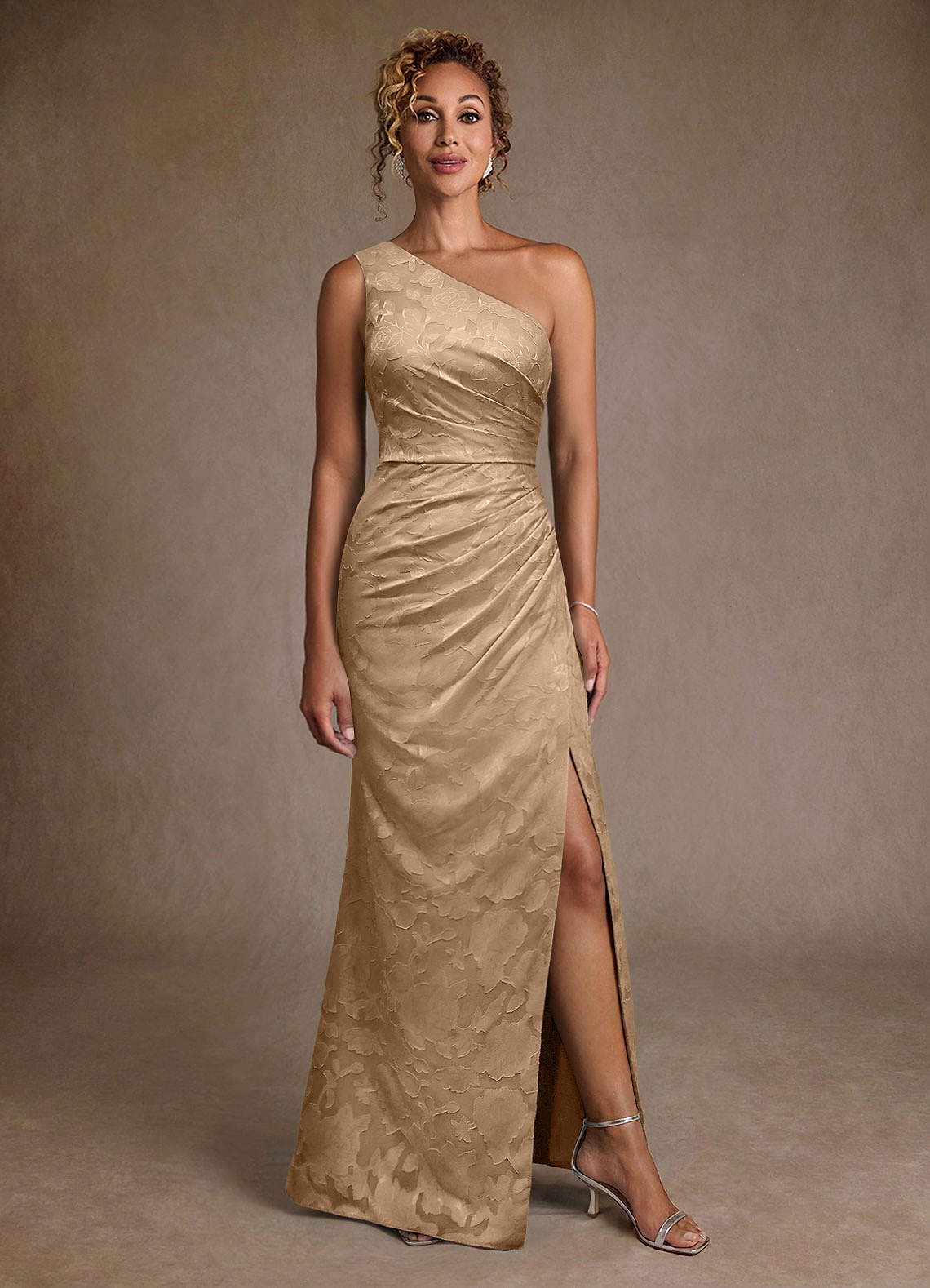 Azazie Joylin Mother of the Bride Dresses Champagne Trumpet One Shoulder Floral Burnout Dress image3