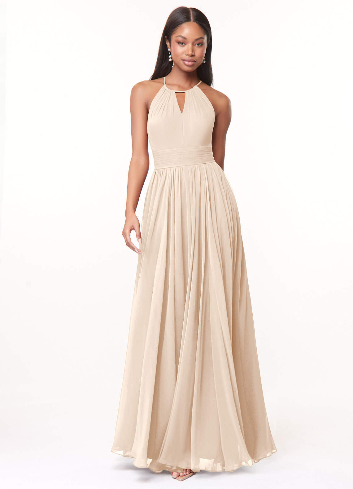Azazie Plus Size A-Line Halter Neck Floor-Length Chiffon Bridesmaid Dresses - White Alabaster