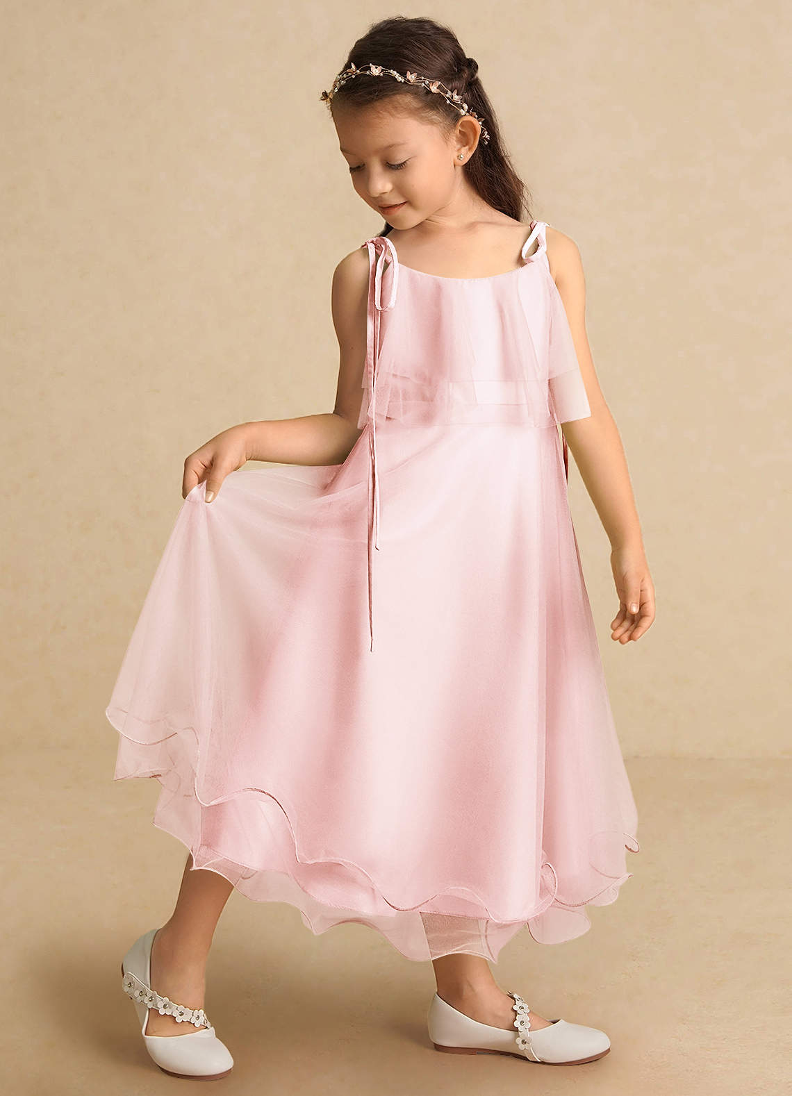 Azazie Bunie Flower Girl Dresses Blushing Pink A-Line Spaghetti Strap Tulle Dress image1