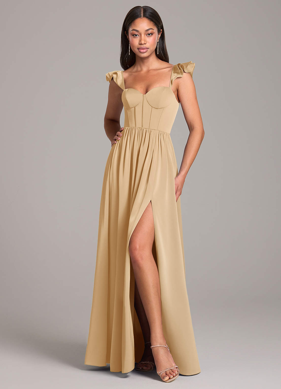 gold high low dresses Elegant Yellow Satin High Low Sleeveless Simple Ball Gown Long Prom Dr –  AlineBridal main image 0
