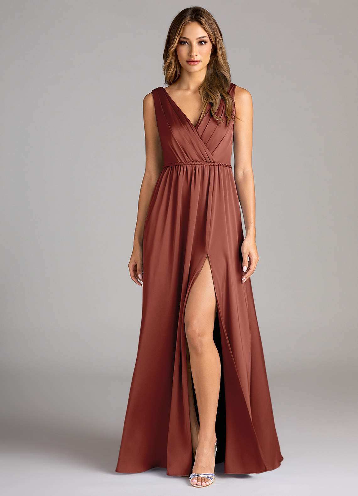 Azazie Tanicia Bridesmaid Dresses Auburn A-Line Pleated Stretch Satin Dress image1