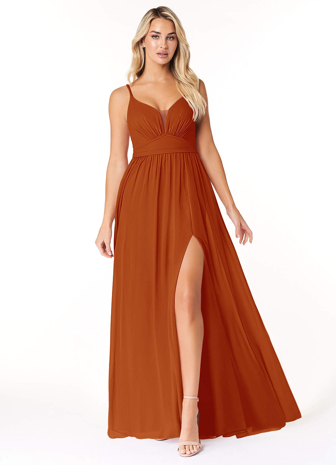 Azazie Rayna Bridesmaid Dresses Paprika A-Line V-Neck Pleated Chiffon Dress image1