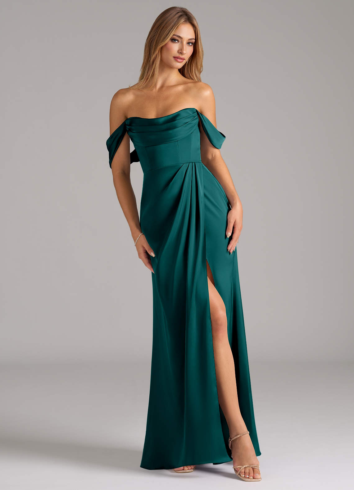 Azazie Johana Brautjungfernkleider Wandelbar Meerjungfrau-Linie Schulterfrei Stretch-Satin Kleid Pfau image1