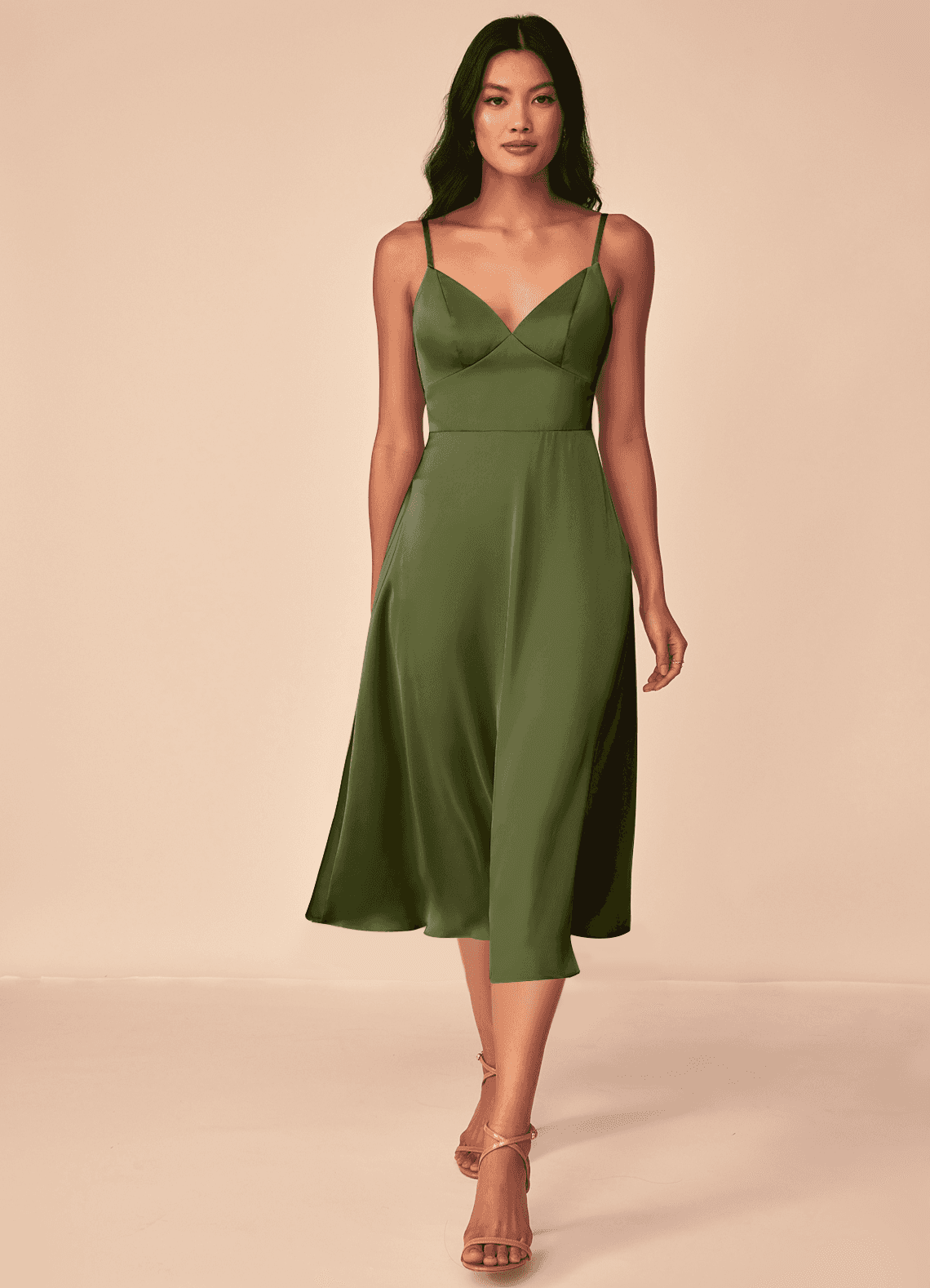 Azazie Dottie Robes de demoiselle d'honneur Robe Trapèze en Satin extensible Olive image1