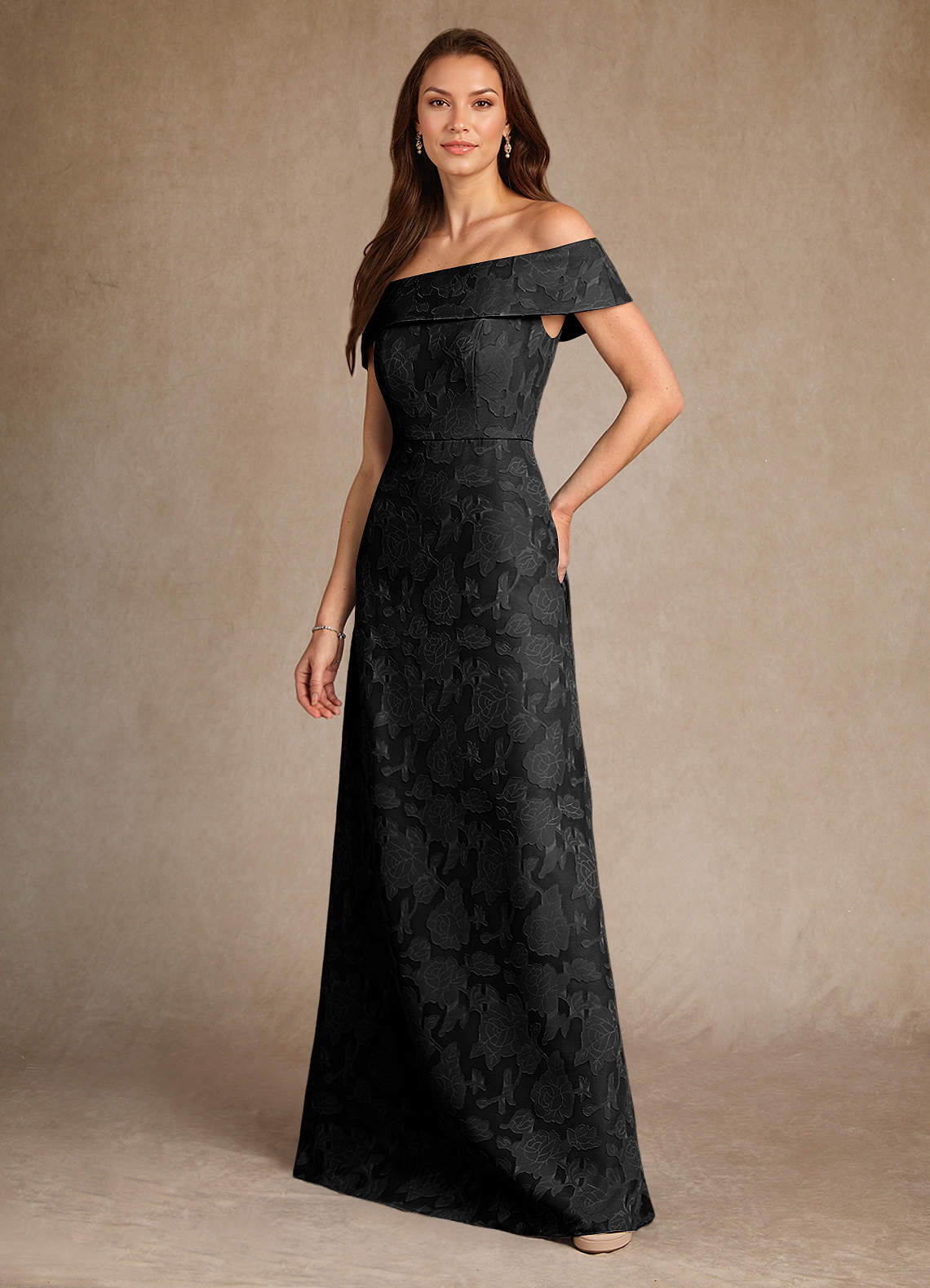 Azazie Medford Black A-Line Off the Shoulder Floral Burnout Dress